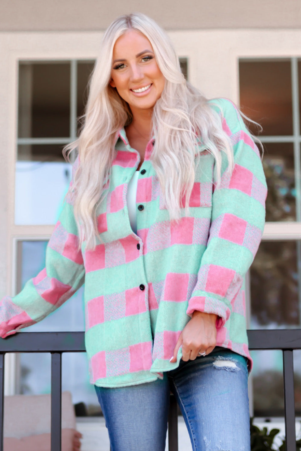 Pink Plaid Pattern Oversized Shacket-Outerwear/Jackets-[Adult]-[Female]-Pink-S-2022 Online Blue Zone Planet