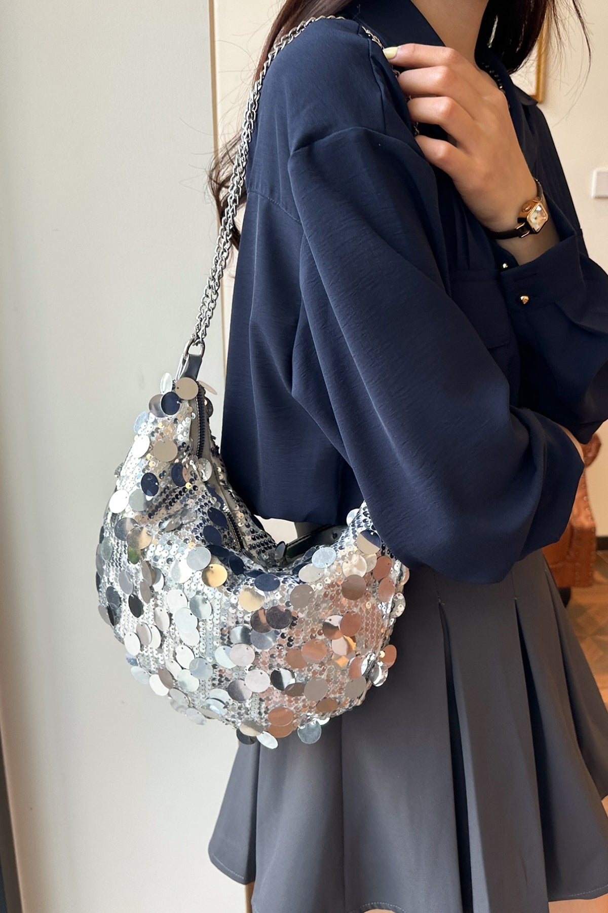 Sequin Chain Crossbody Bag-HANDBAGS-[Adult]-[Female]-2022 Online Blue Zone Planet