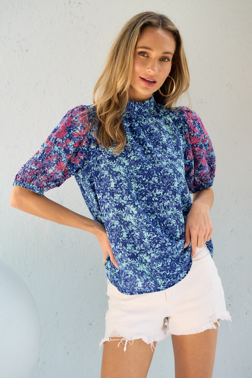 Hailey & Co Embroidered Puff Sleeve Printed Blouse-TOPS / DRESSES-[Adult]-[Female]-Blue-S-2022 Online Blue Zone Planet