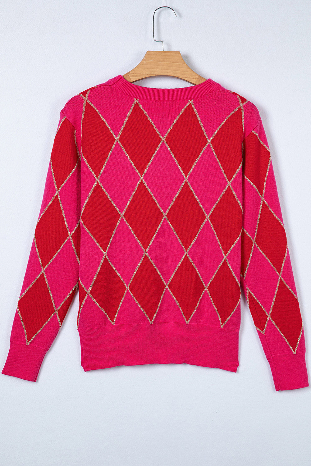 Rose Red Glitter Rhombus Pattern Knit Womens Casual Sweater-TOPS / DRESSES-[Adult]-[Female]-2022 Online Blue Zone Planet