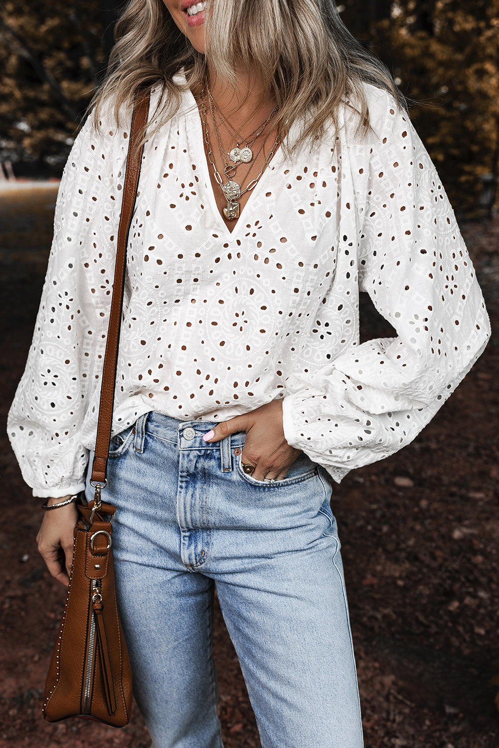 Blue Zone Planet | White Eyelet Embroidered Puff Sleeve V Neck Blouse-Tops/Blouses & Shirts-[Adult]-[Female]-White-S-2022 Online Blue Zone Planet