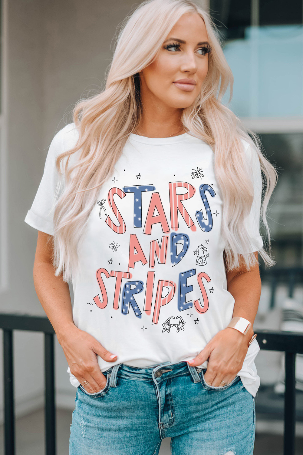 White Stars And Stripes Crew Neck Graphic Tee-Graphic/Graphic Tees-[Adult]-[Female]-2022 Online Blue Zone Planet
