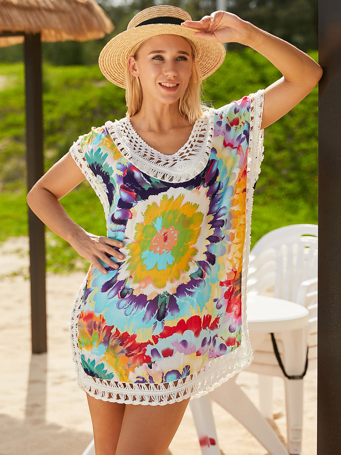 Openwork Printed Round Neck Cover Up-TOPS / DRESSES-[Adult]-[Female]-Yellow-One Size-2022 Online Blue Zone Planet