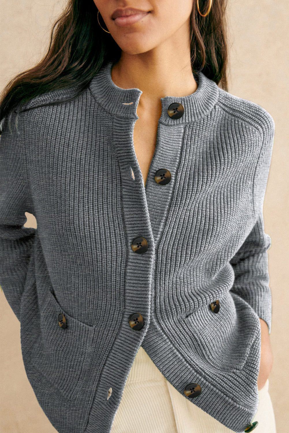 Medium Grey Chunky Buttoned Front Round Neck Cardigan Sweater-TOPS / DRESSES-[Adult]-[Female]-2022 Online Blue Zone Planet