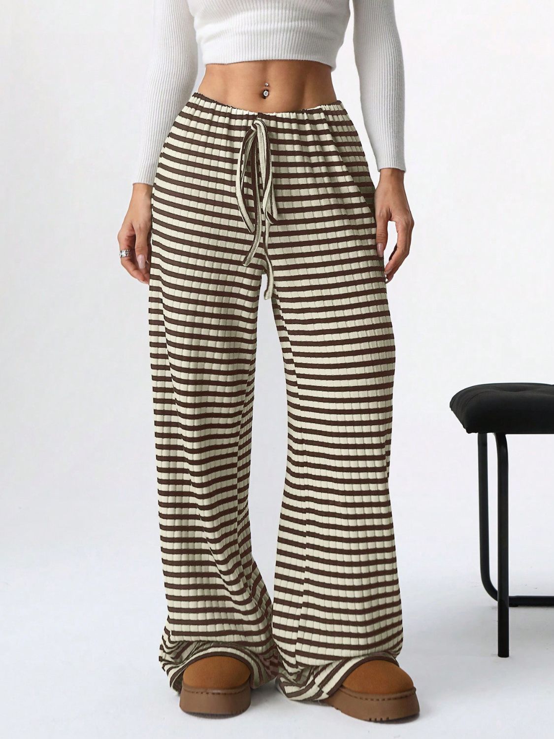 Blue Zone Planet | Tied Striped Wide Leg Pants-BOTTOMS SIZES SMALL MEDIUM LARGE-[Adult]-[Female]-Taupe-S-2022 Online Blue Zone Planet