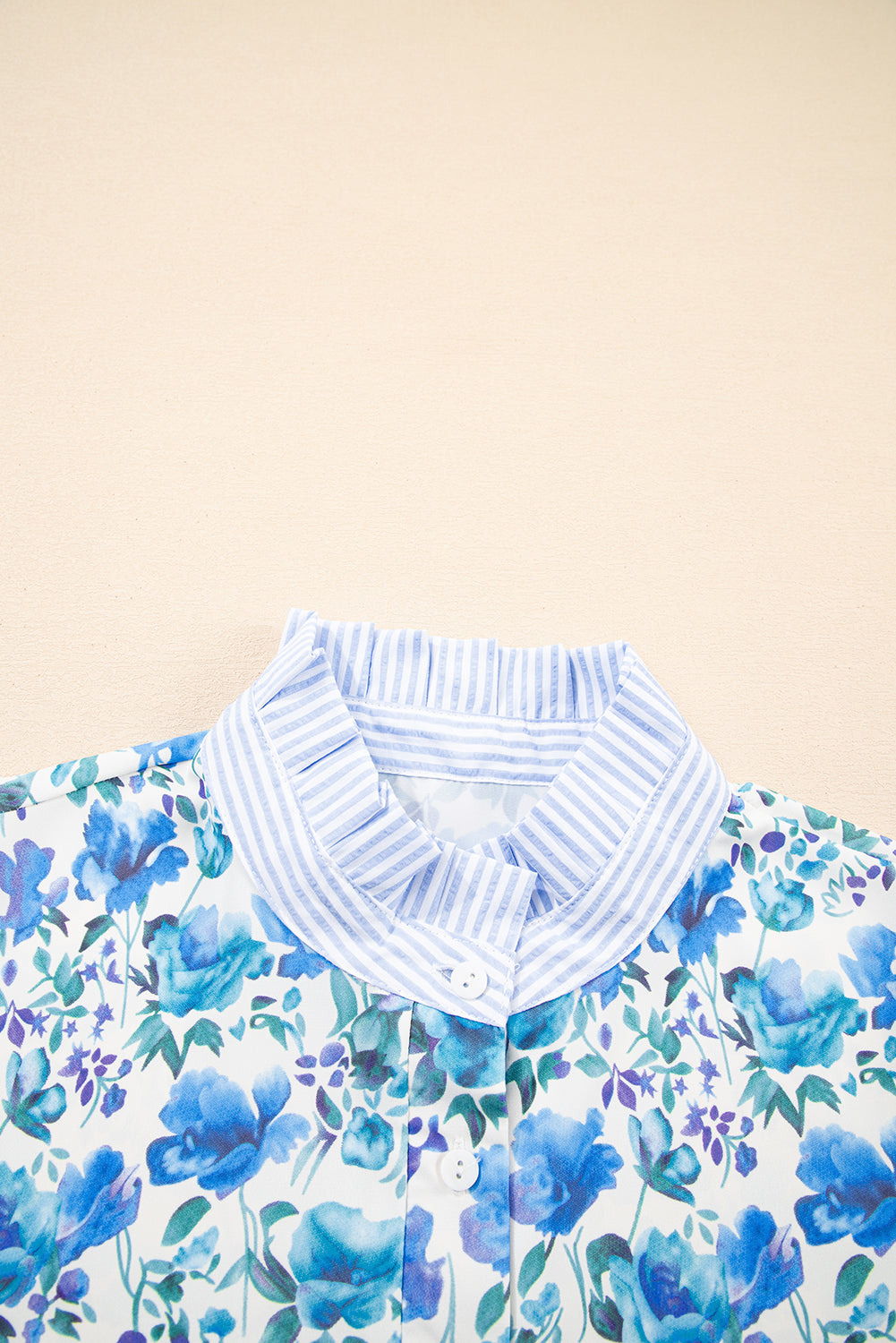 Sky Blue Floral Print Striped Patchwork Collared Short Sleeve Blouse-Tops/Blouses & Shirts-[Adult]-[Female]-2022 Online Blue Zone Planet