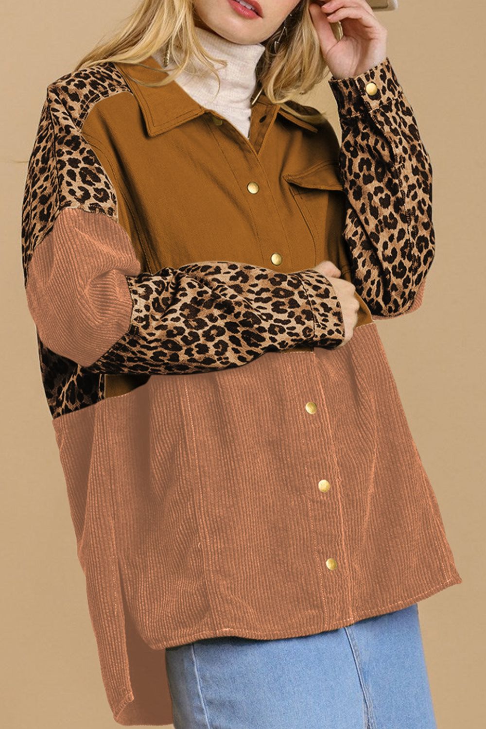 High-Low Leopard Snap Down Shacket-TOPS / DRESSES-[Adult]-[Female]-Caramel-S-2022 Online Blue Zone Planet