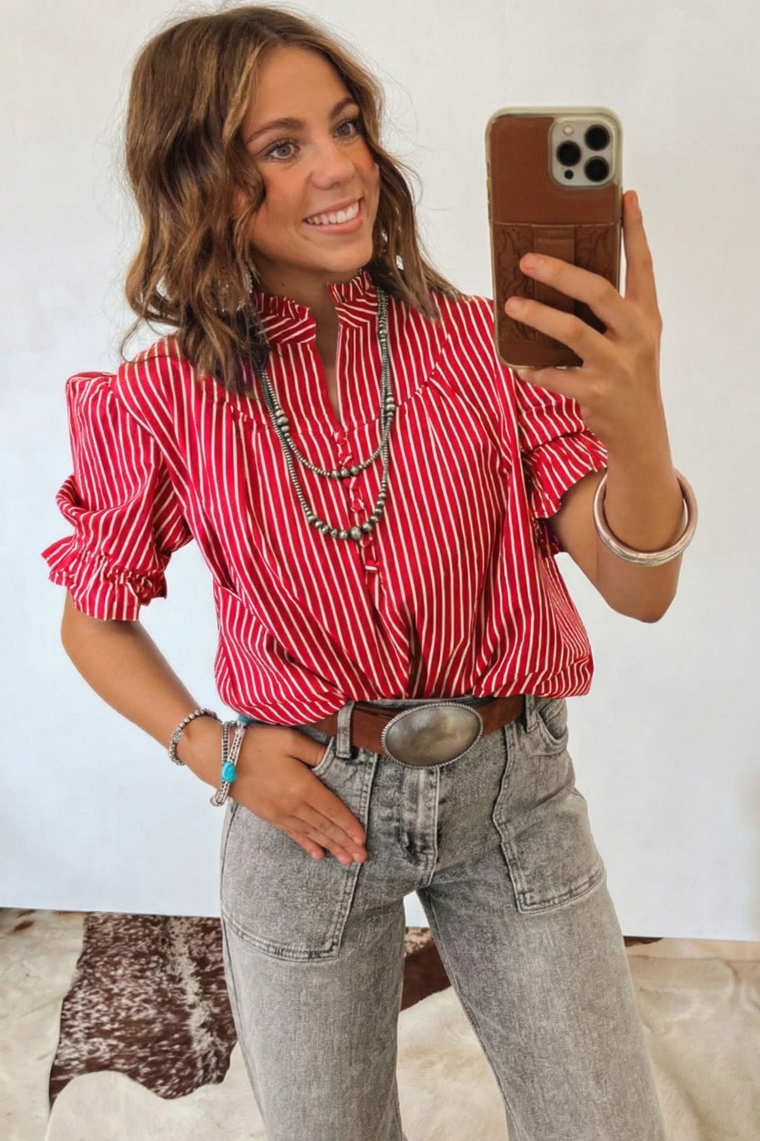 Red Stripe Ruffled Short Puff Sleeve Button Front Blouse-Tops/Blouses & Shirts-[Adult]-[Female]-2022 Online Blue Zone Planet
