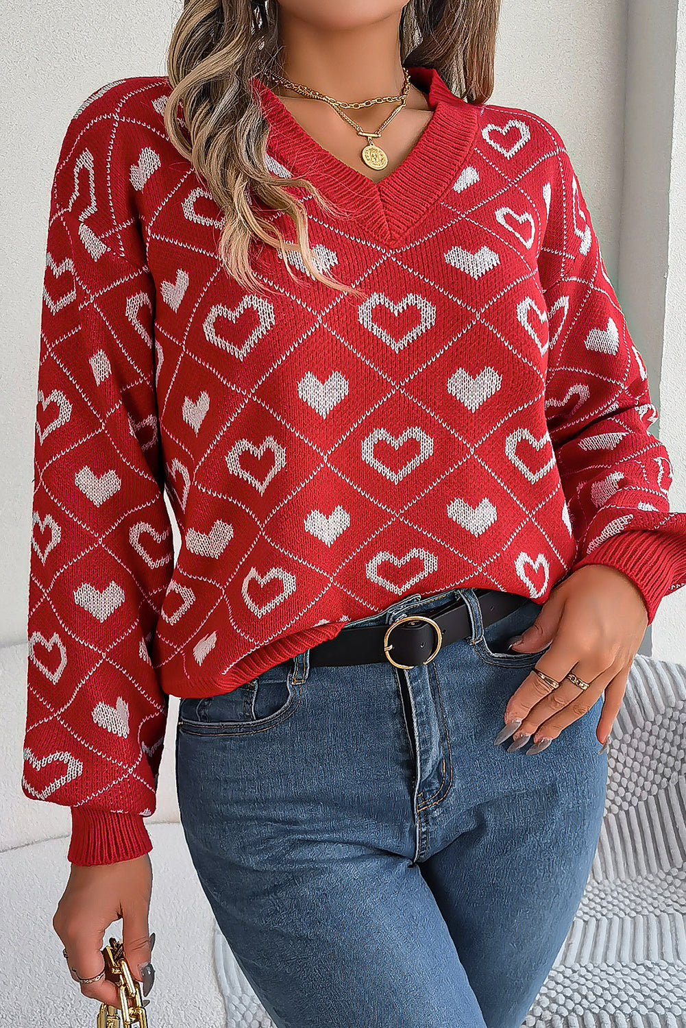 Racing Red Heart Print Lantern Sleeve Sweater-Sweaters-[Adult]-[Female]-2022 Online Blue Zone Planet