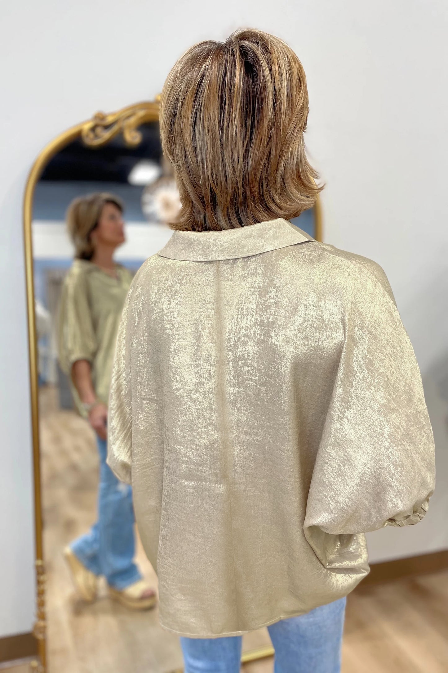 Clearly Aqua Collared V Neck Half Sleeve Metallic Top-Tops/Blouses & Shirts-[Adult]-[Female]-2022 Online Blue Zone Planet
