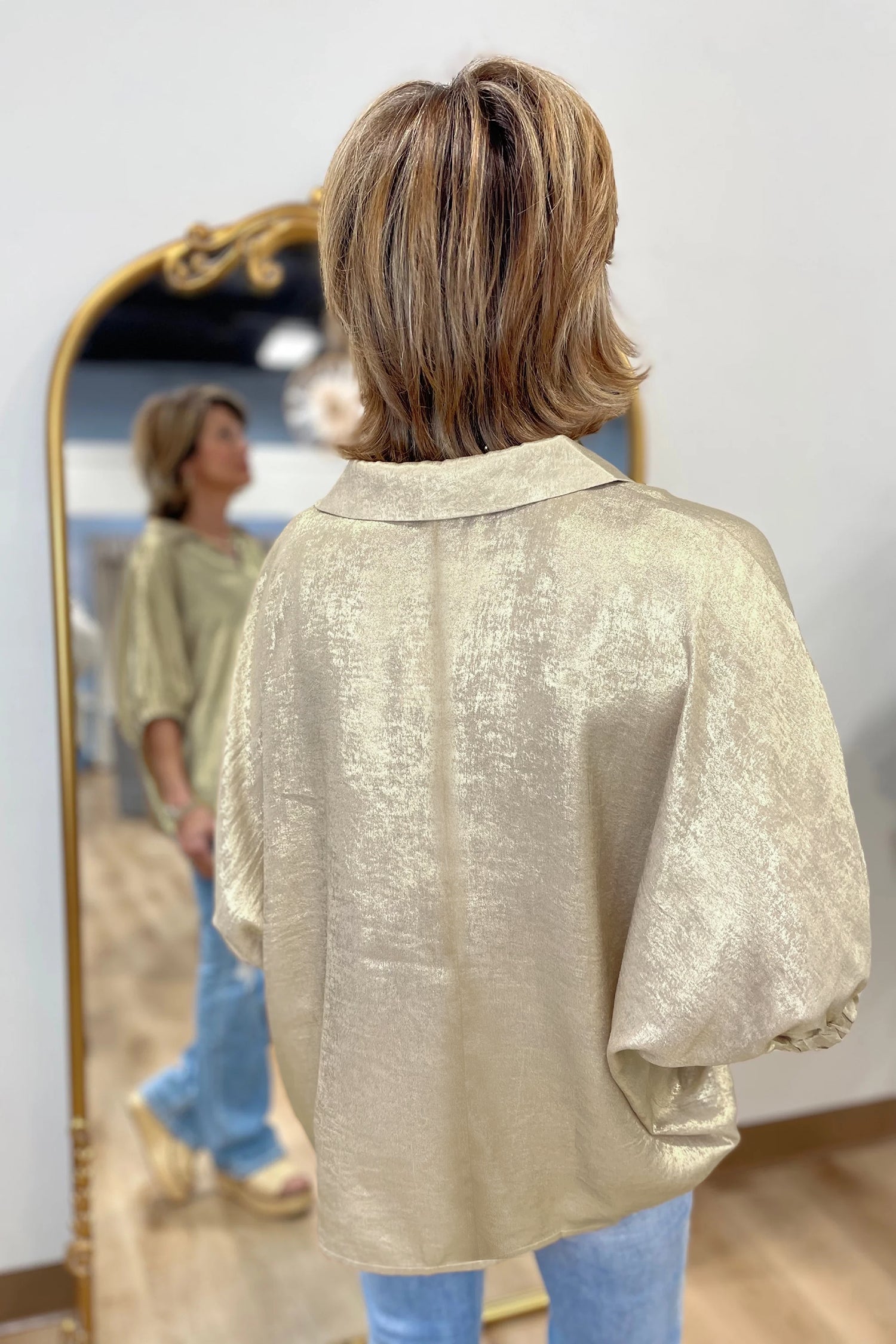 Clearly Aqua Collared V Neck Half Sleeve Metallic Top-Tops/Blouses & Shirts-[Adult]-[Female]-2022 Online Blue Zone Planet
