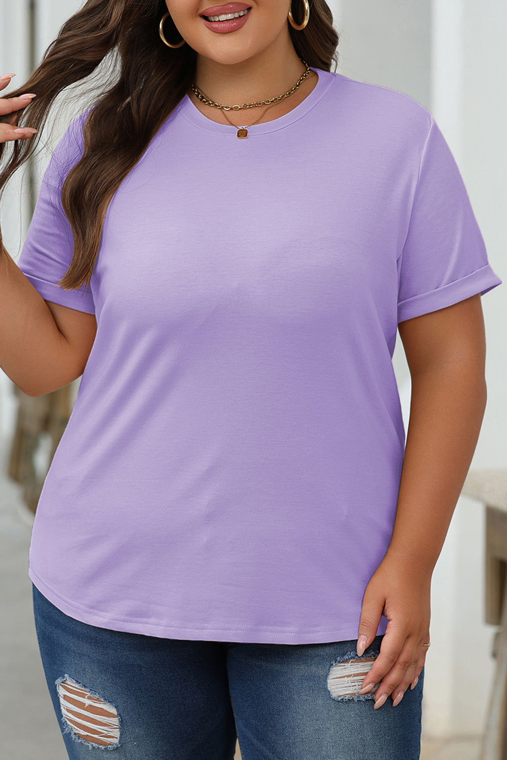 Wisteria Casual Plain Crew Neck Tee-Tops/Tops & Tees-[Adult]-[Female]-2022 Online Blue Zone Planet