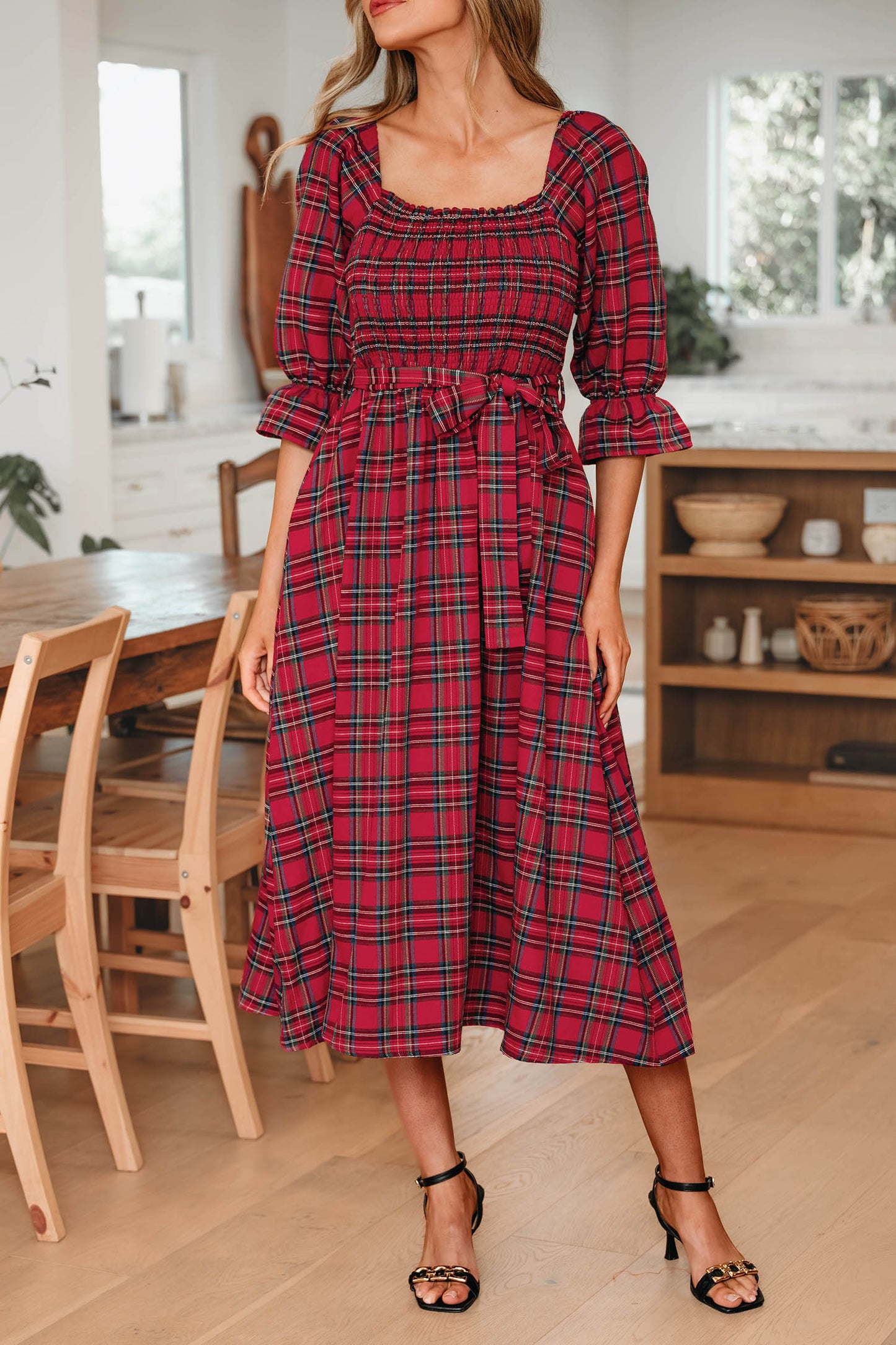 Red Tartan Plaid Square Neck Puff Sleeve Knot Waist Flared Midi Dress-TOPS / DRESSES-[Adult]-[Female]-2022 Online Blue Zone Planet