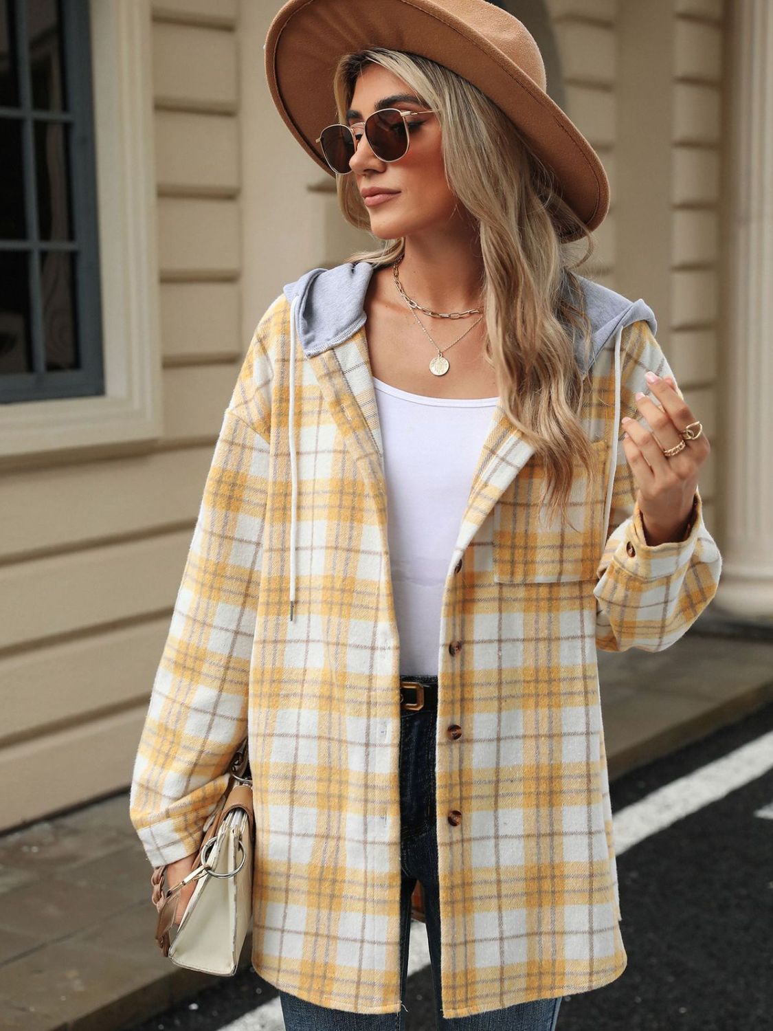 Drawstring Plaid Button Up Hooded Jacket-TOPS / DRESSES-[Adult]-[Female]-2022 Online Blue Zone Planet