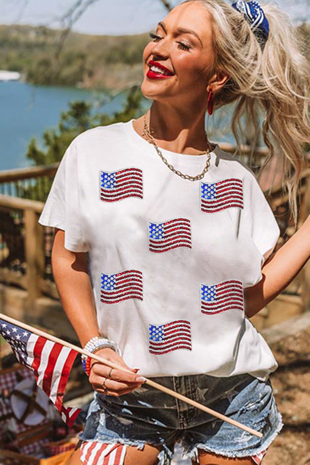 White Sequin American Flag Patched Casual T Shirt-Graphic/Graphic Tees-[Adult]-[Female]-2022 Online Blue Zone Planet