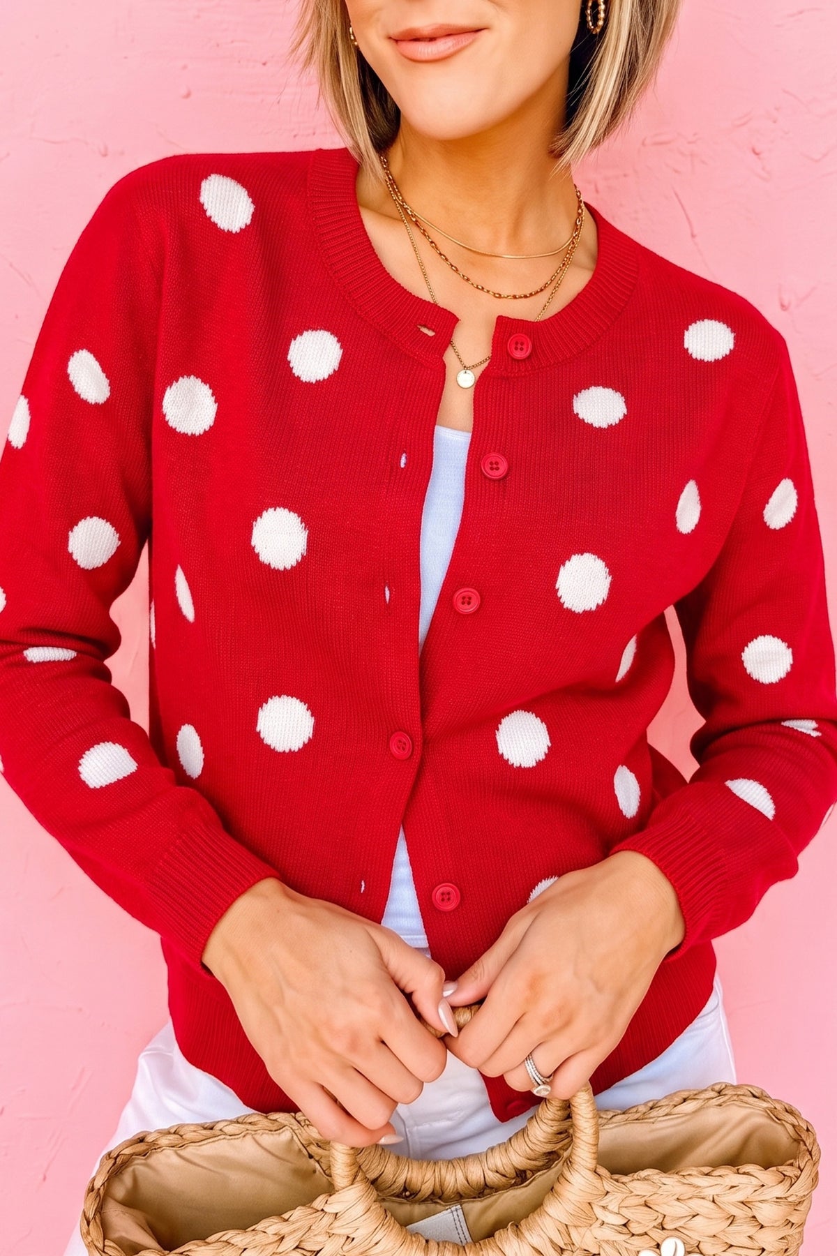 Bluing Casual Polka Dot Button Front Long Sleeve Sweater Cardigan-Sweaters & Cardigans/Cardigans-[Adult]-[Female]-2022 Online Blue Zone Planet
