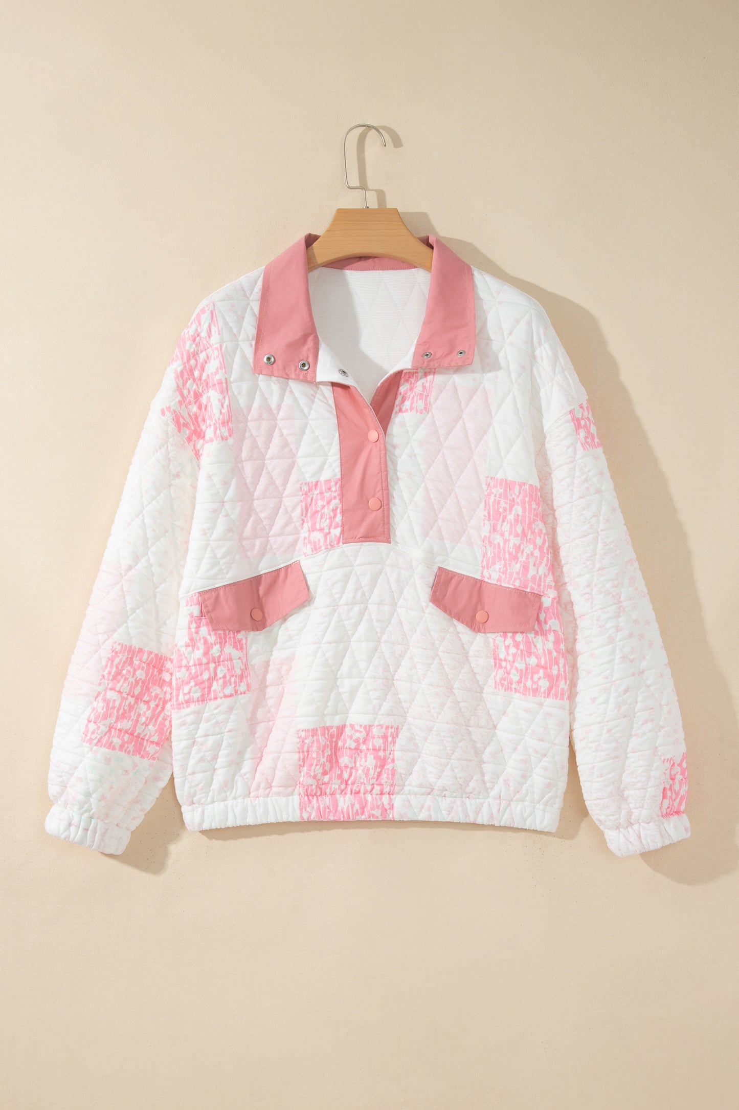 Multicolour Floral Quilted Half Button Pocketed Pullover Sweatshirt-Tops/Sweatshirts & Hoodies-[Adult]-[Female]-2022 Online Blue Zone Planet