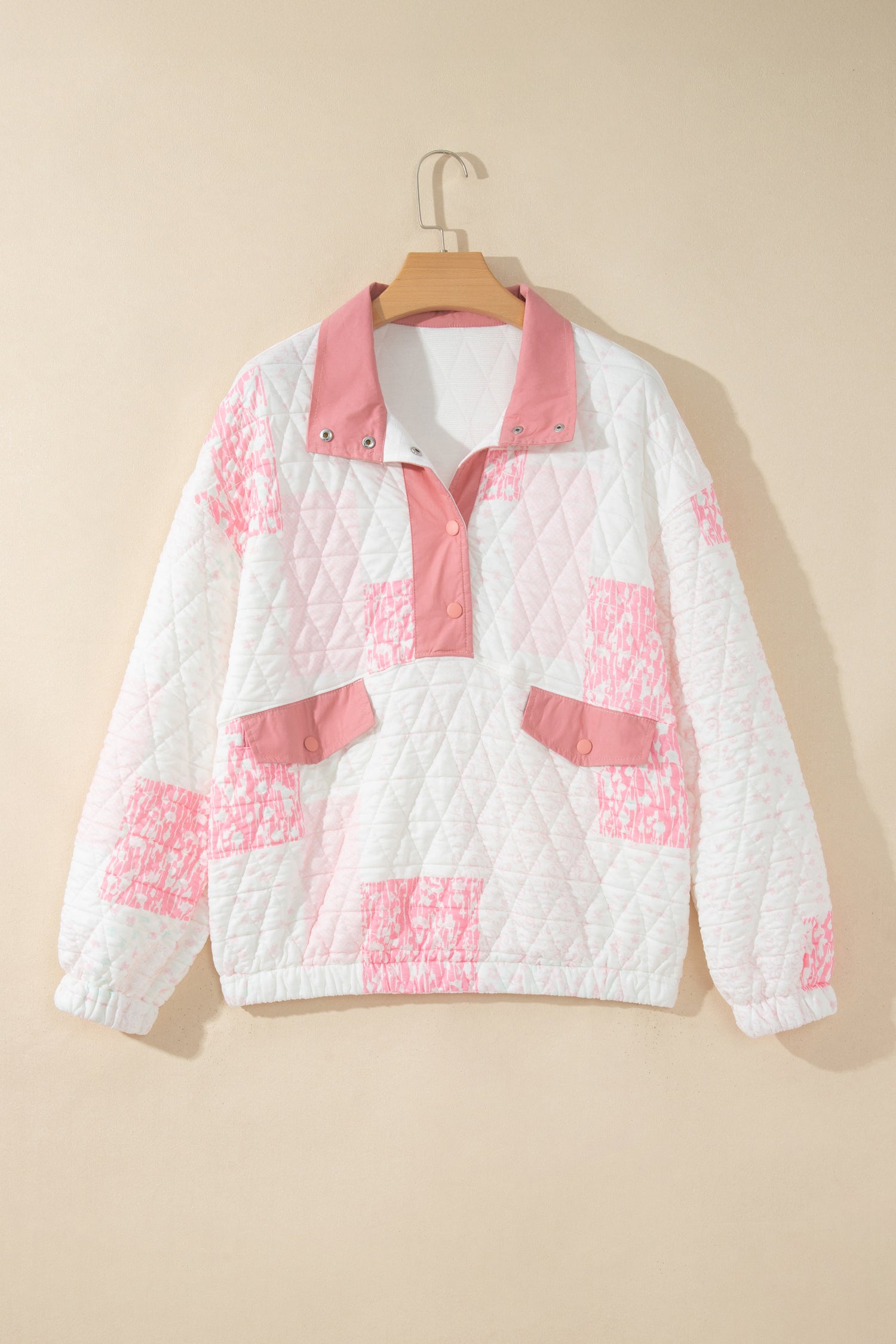 Multicolour Floral Quilted Half Button Pocketed Pullover Sweatshirt-Tops/Sweatshirts & Hoodies-[Adult]-[Female]-2022 Online Blue Zone Planet