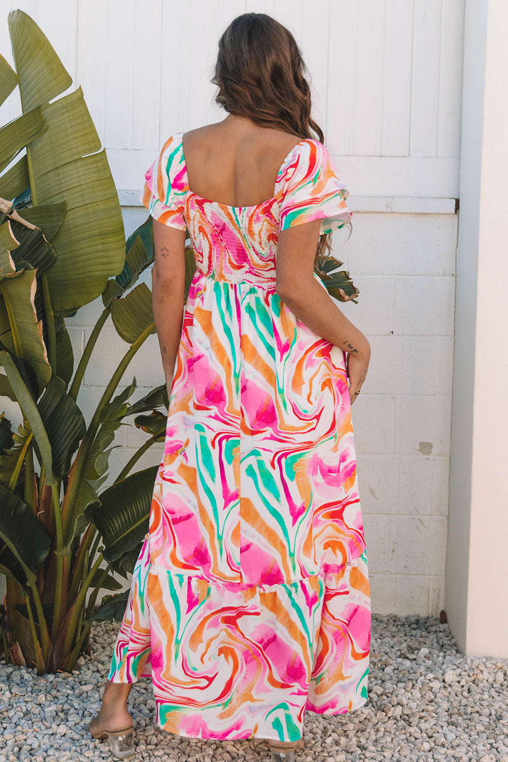 Pink Abstract Print Ruffled Sleeve Smocked Bust Maxi Dress-TOPS / DRESSES-[Adult]-[Female]-2022 Online Blue Zone Planet