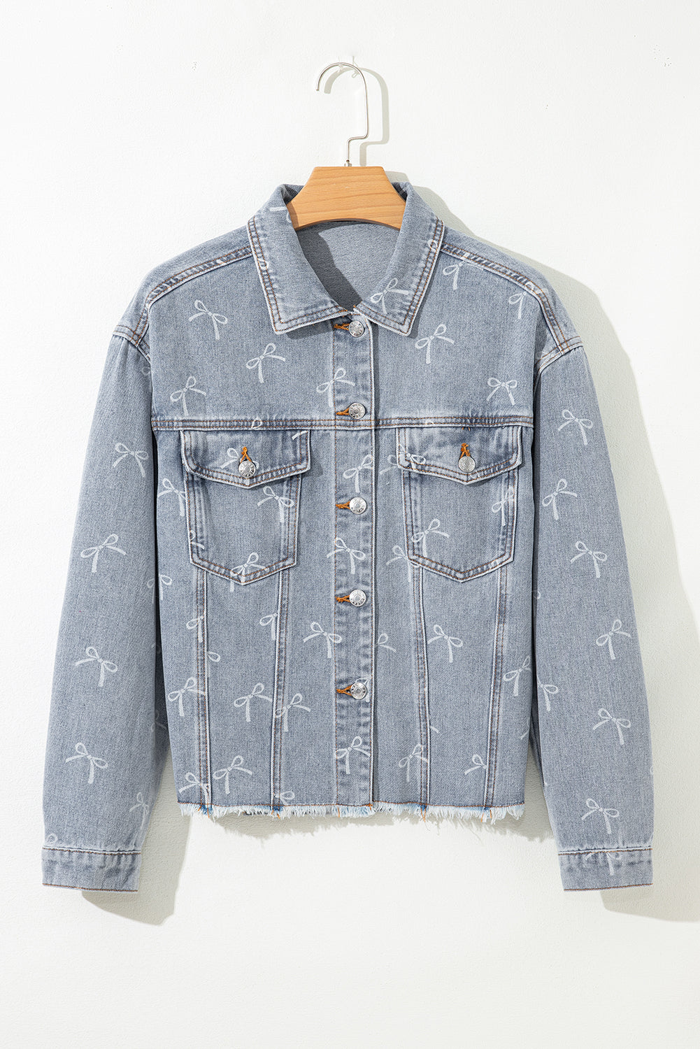 Sky Blue Bow Knot Print Light Wash Raw Hem Denim Jacket-Outerwear/Denim jackets-[Adult]-[Female]-2022 Online Blue Zone Planet