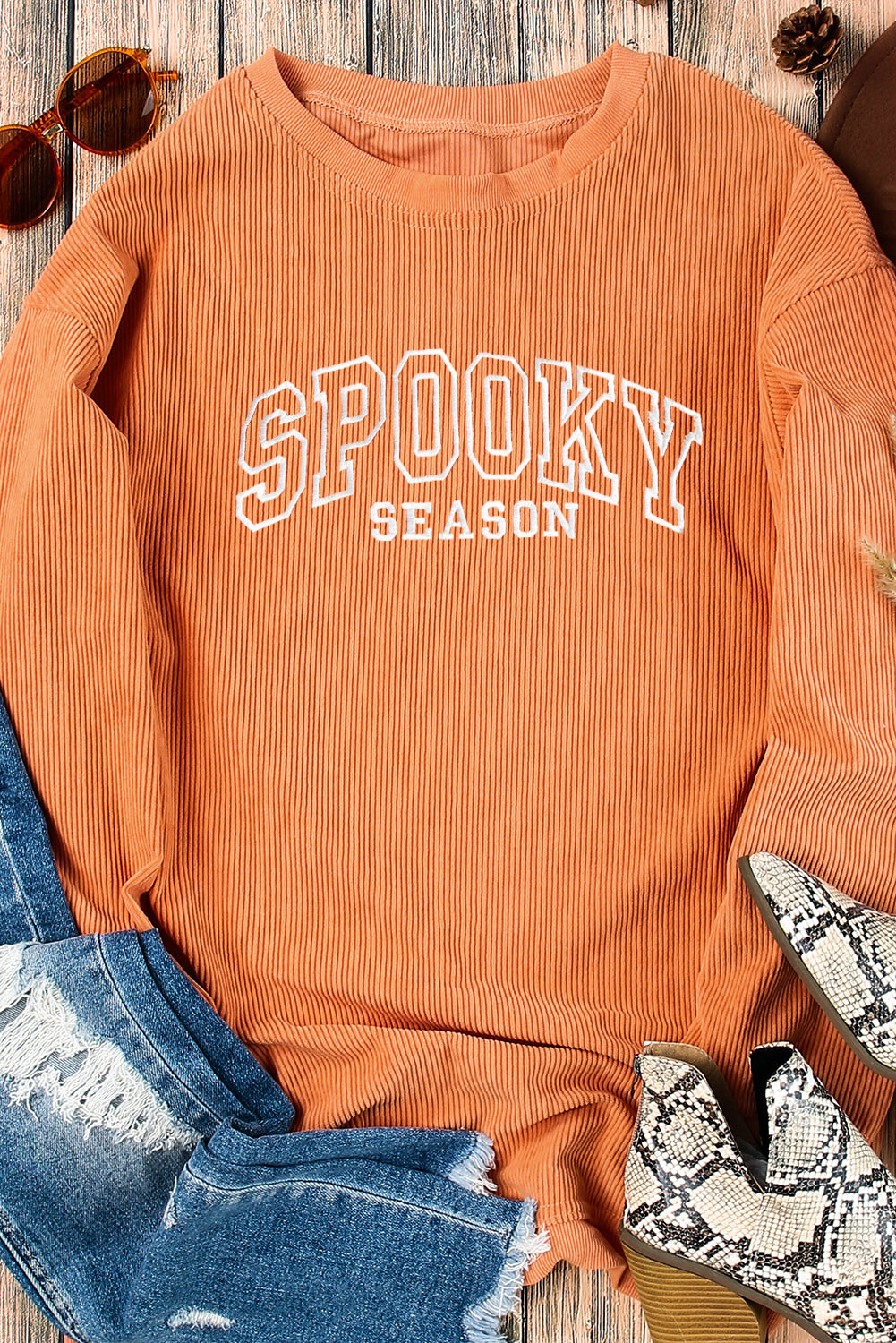 Orange Spooky Season Embroidered Letter Graphic Twisted Ribbed Sweatshirt-Graphic/Graphic Sweatshirts-[Adult]-[Female]-2022 Online Blue Zone Planet