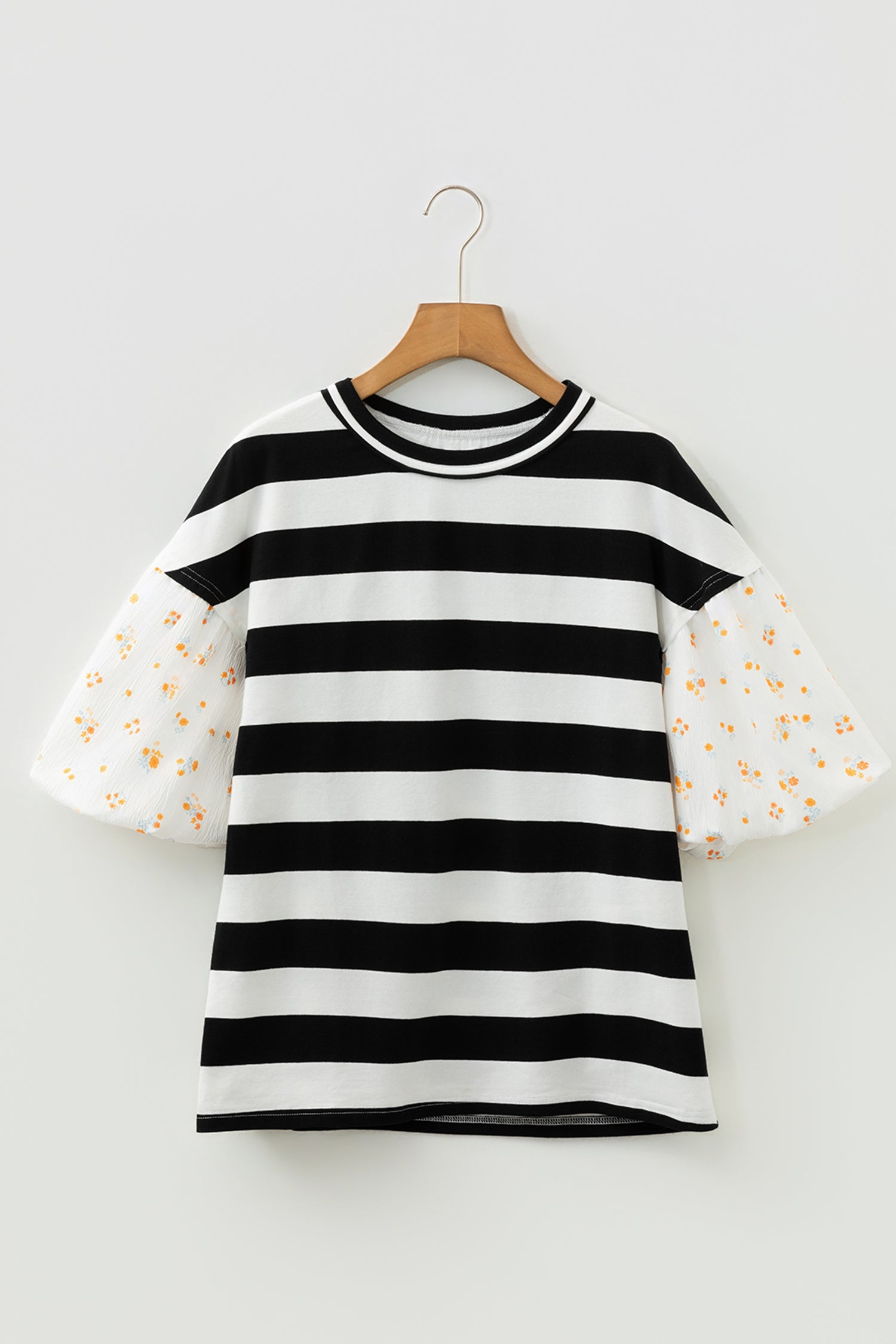 Black Stripe Floral Print Puff Sleeve Patchwork Blouse-Tops/Blouses & Shirts-[Adult]-[Female]-2022 Online Blue Zone Planet