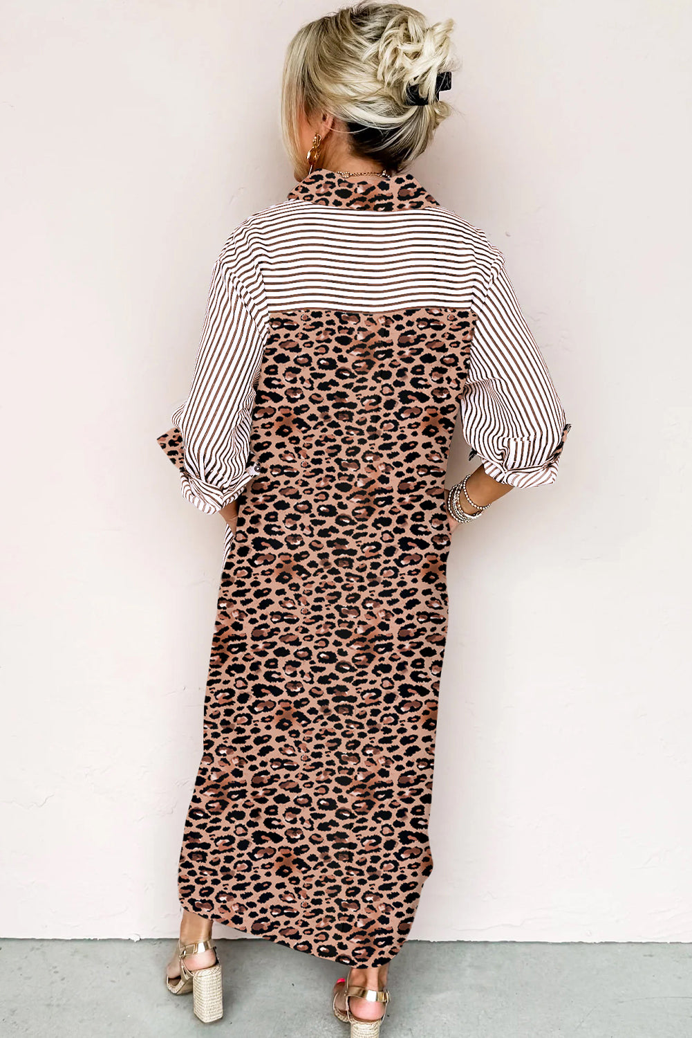 Brown Stripe Contrast Leopard Patchwork Long Shirt Dress with Slits-TOPS / DRESSES-[Adult]-[Female]-2022 Online Blue Zone Planet