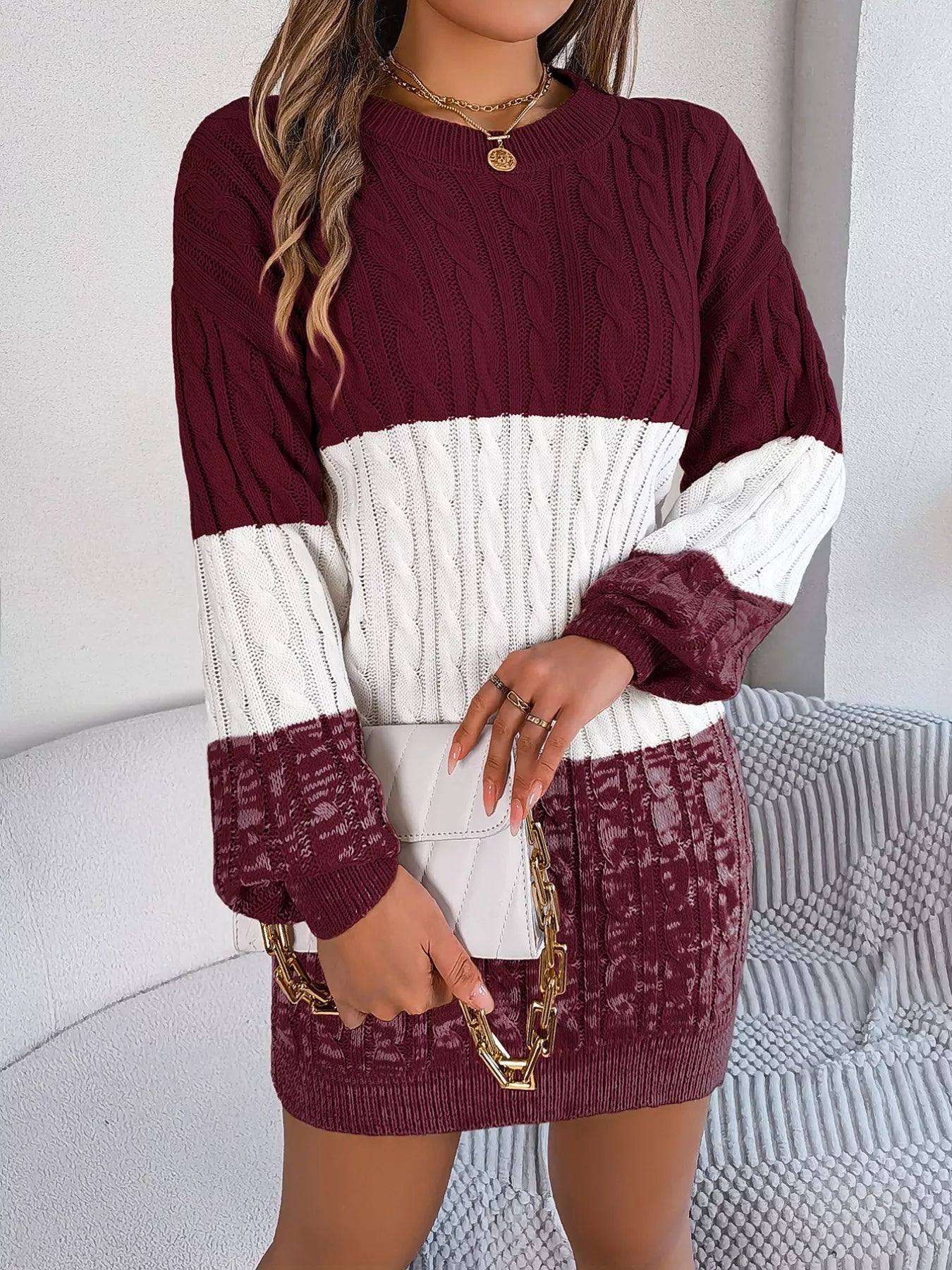 Sample Cable-Knit Round Neck Color Block Sweater Dress