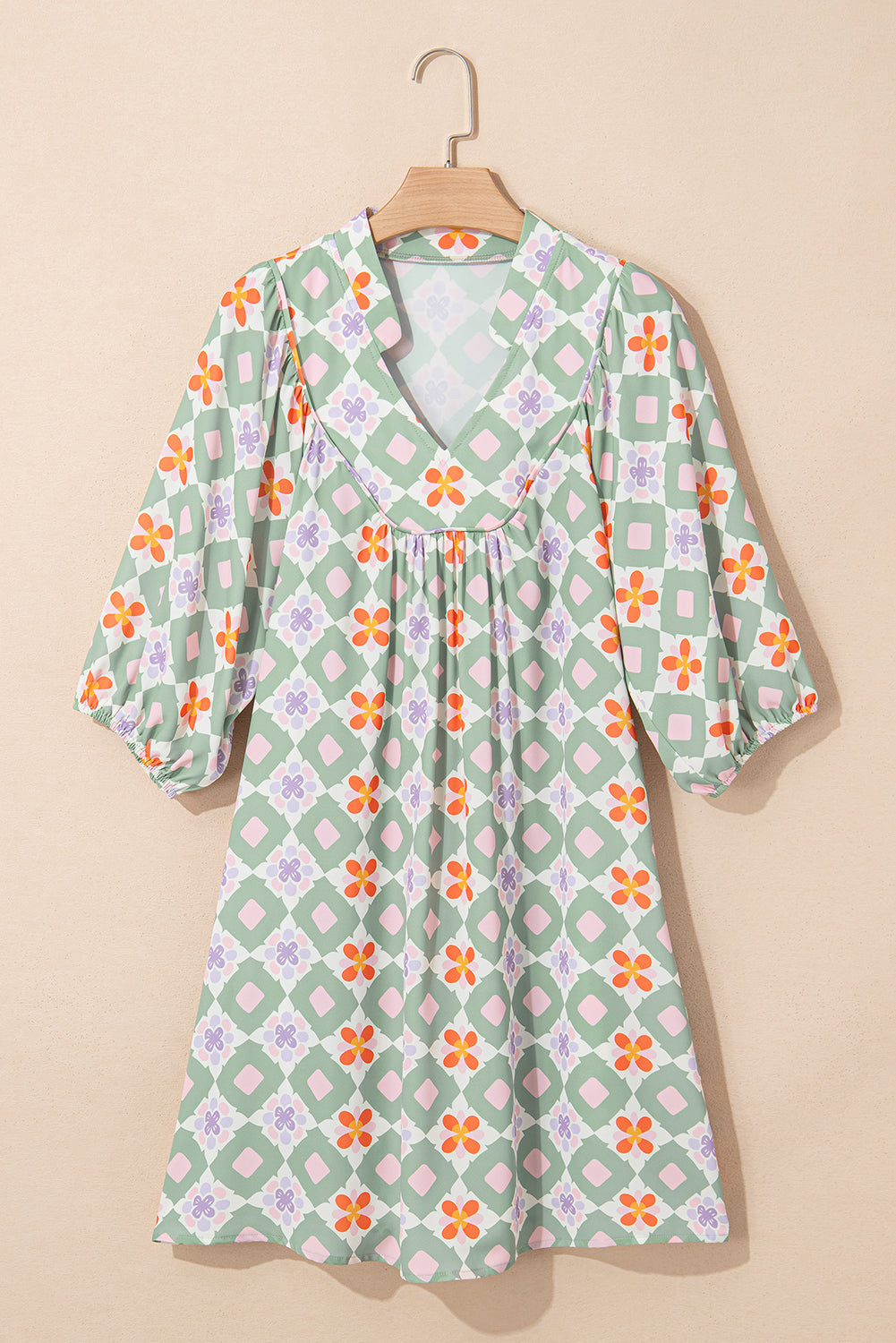 Green Geometric Floral Print 3/4 Sleeve Notched Neck Mini Dress-TOPS / DRESSES-[Adult]-[Female]-2022 Online Blue Zone Planet