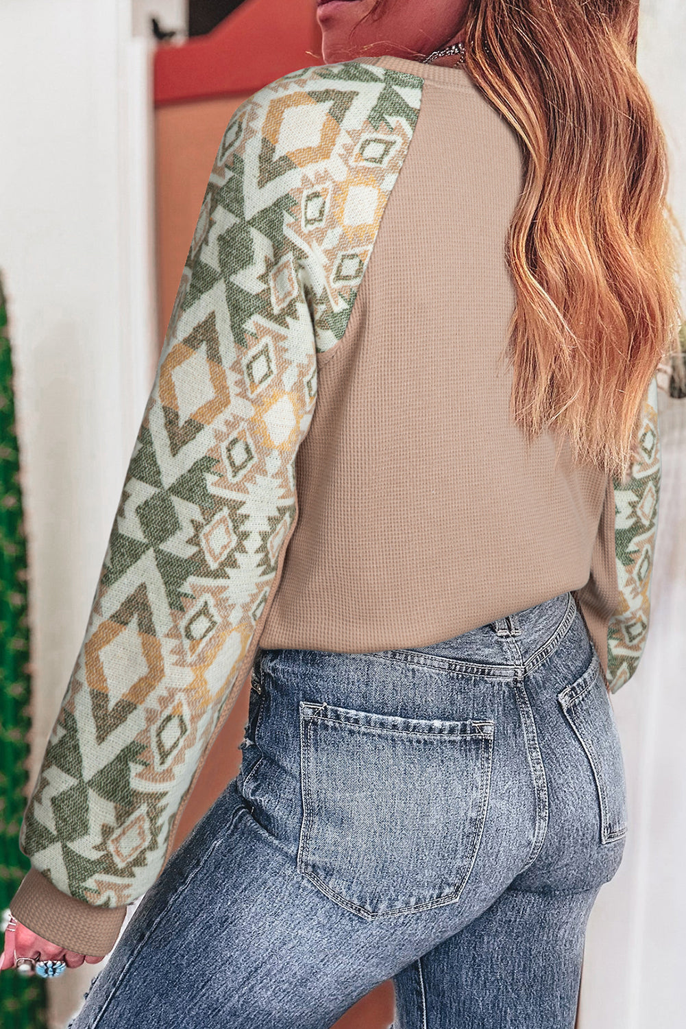 Smoke Gray Waffle Aztec Patchwork Raglan Sleeve Knit Top-Tops/Long Sleeve Tops-[Adult]-[Female]-2022 Online Blue Zone Planet