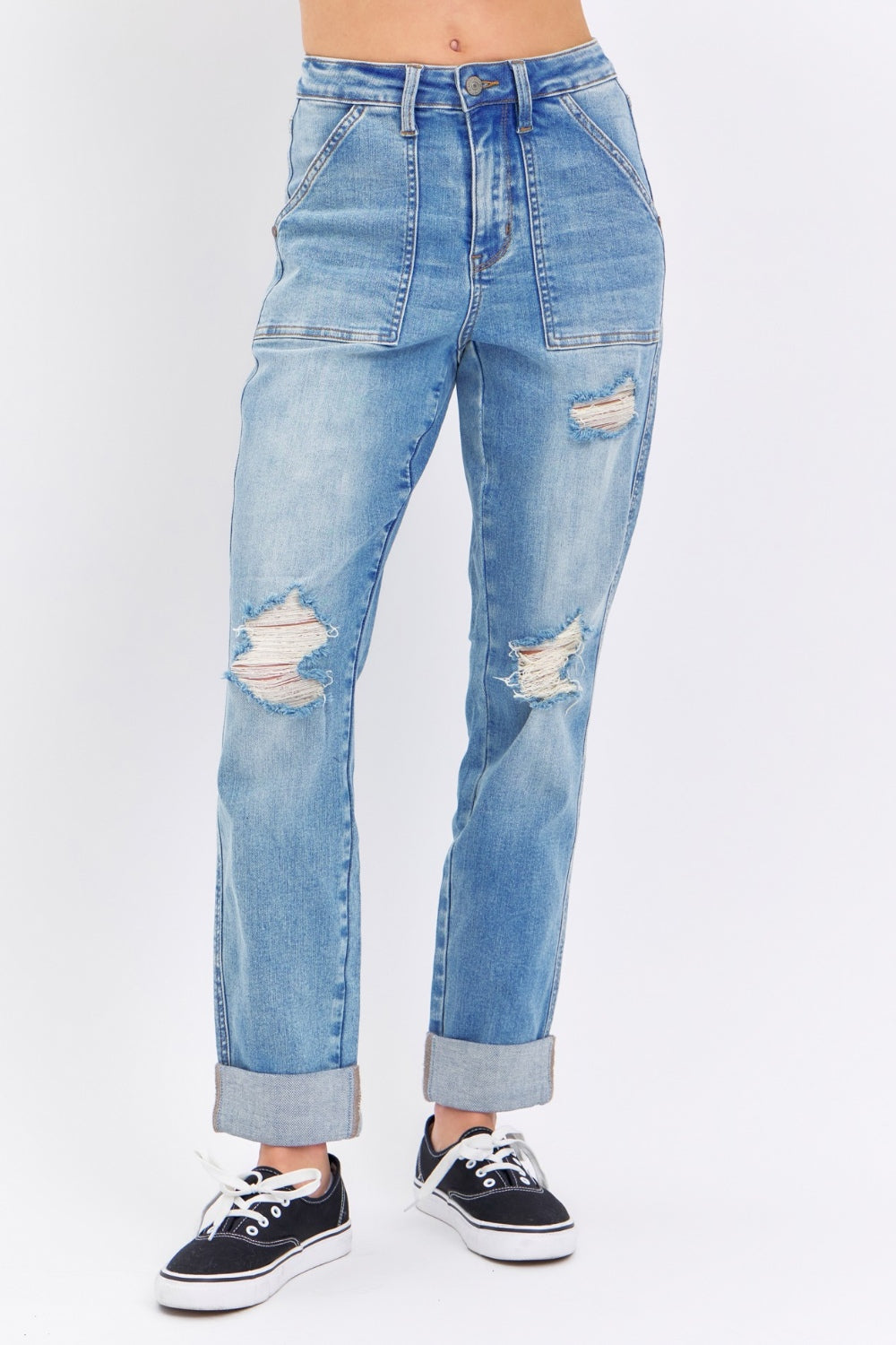 Blue Zone Planet | Judy Blue Full Size Distressed Straight Jeans with Patch Pockets-TOPS / DRESSES-[Adult]-[Female]-2022 Online Blue Zone Planet