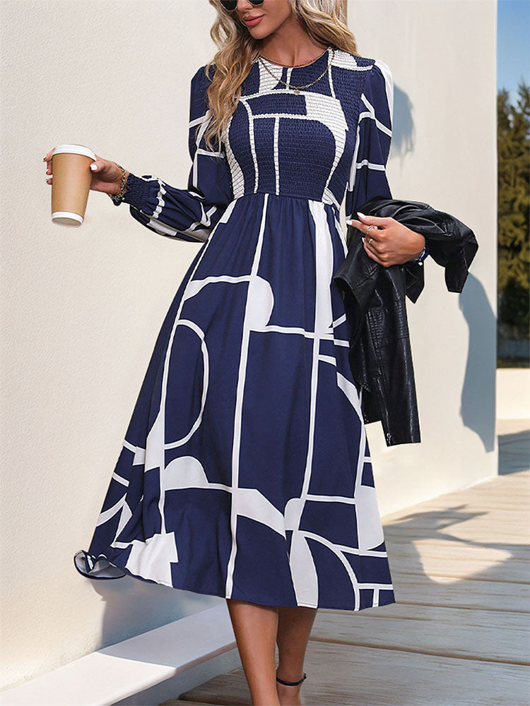 Blue Zone Planet | Smocked Color Block Long Sleeve Midi Dress - Dark Navy / S Blue Zone Planet | Smocked Color Block Long Sleeve Midi Dress - Dark Navy / S