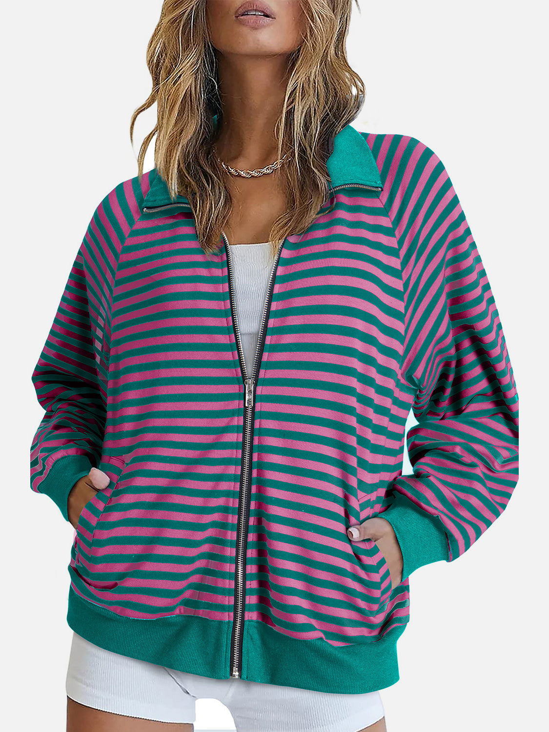 Striped Zip Up Long Sleeve Sweatshirt-TOPS / DRESSES-[Adult]-[Female]-2022 Online Blue Zone Planet