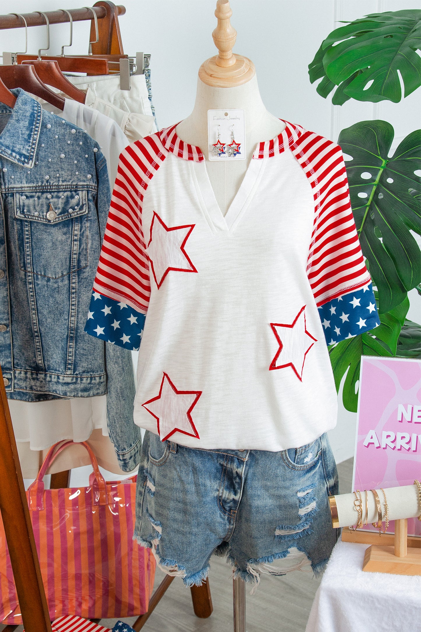 Fiery Red Star Detail Flag Inspired Short Sleeve Top-Tops/Tops & Tees-[Adult]-[Female]-2022 Online Blue Zone Planet