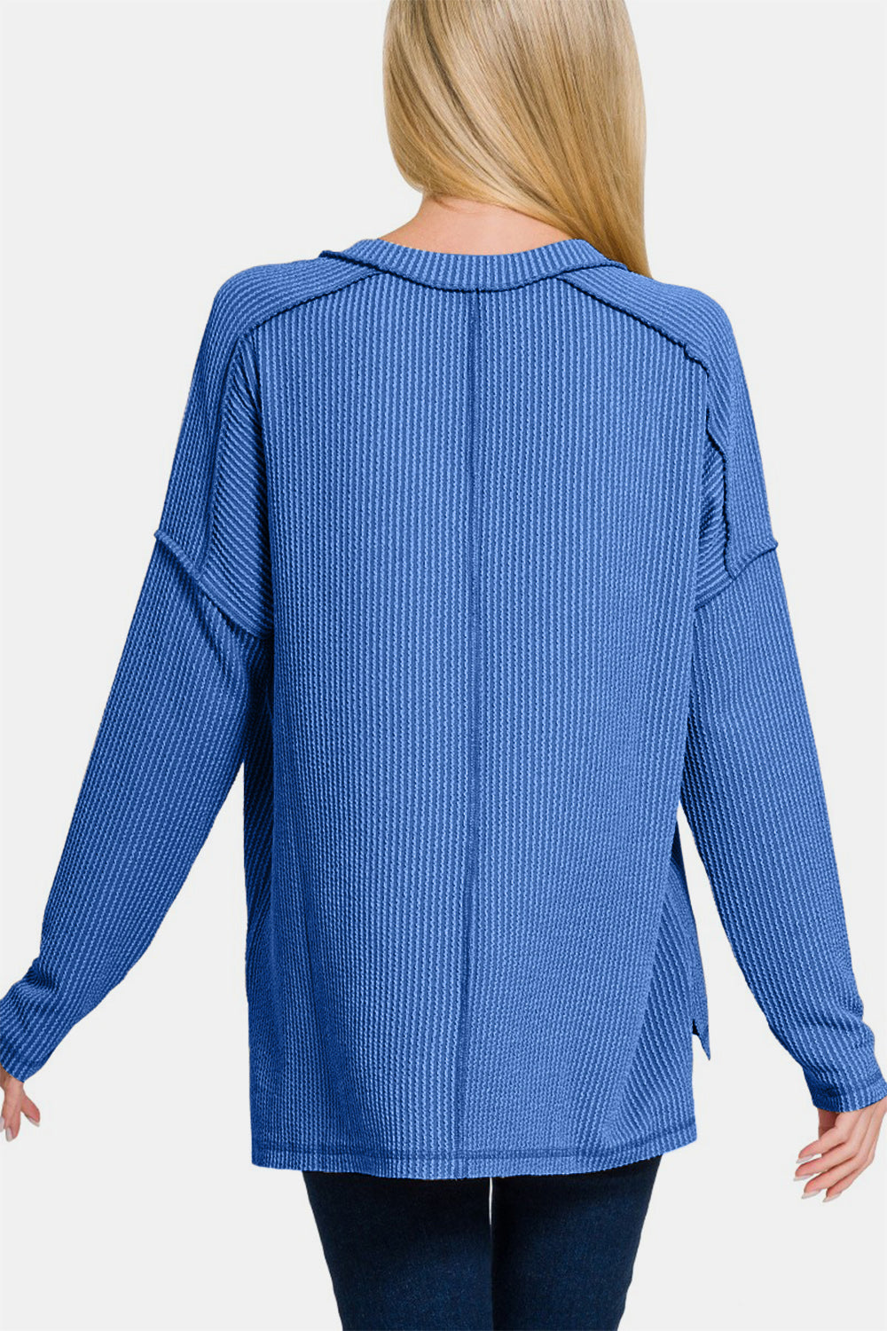 Blue Zone Planet | Zenana Texture Exposed Seam V-Neck Long Sleeve T-Shirt-TOPS / DRESSES-[Adult]-[Female]-2022 Online Blue Zone Planet