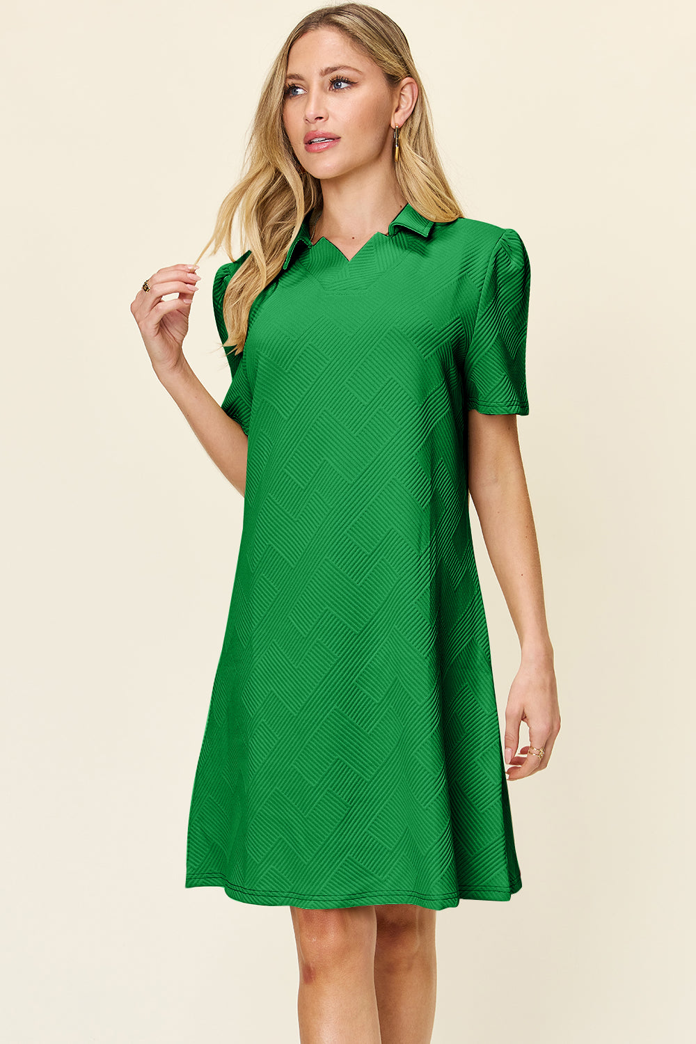 Blue Zone Planet | Double Take Full Size Texture Collared Neck Short Sleeve Dress-TOPS / DRESSES-[Adult]-[Female]-Mid Green-S-2022 Online Blue Zone Planet