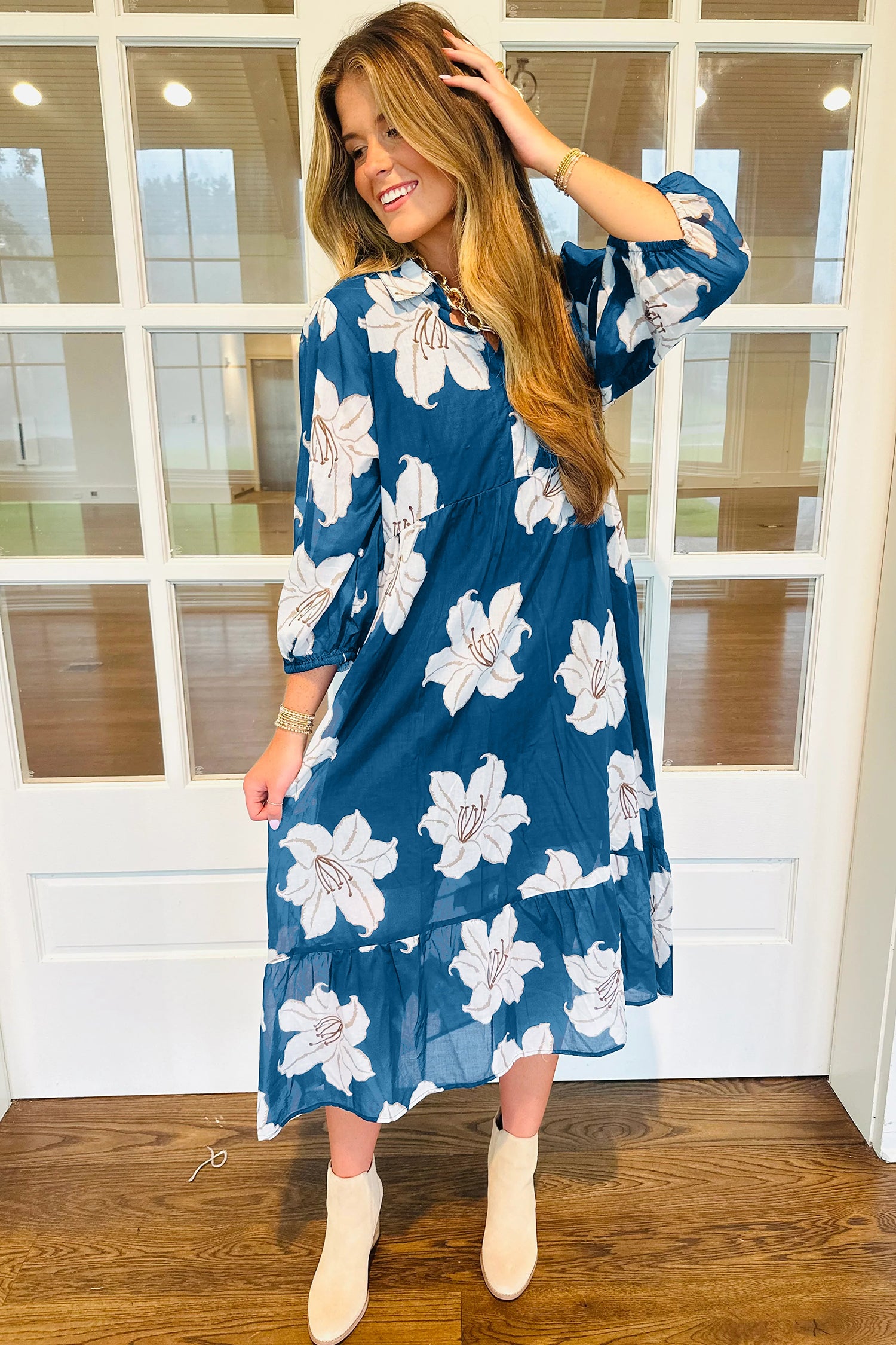 Blue Floral Print Shirt Collar V Neck 3/4 Sleeve Shift Midi Dress-TOPS / DRESSES-[Adult]-[Female]-2022 Online Blue Zone Planet
