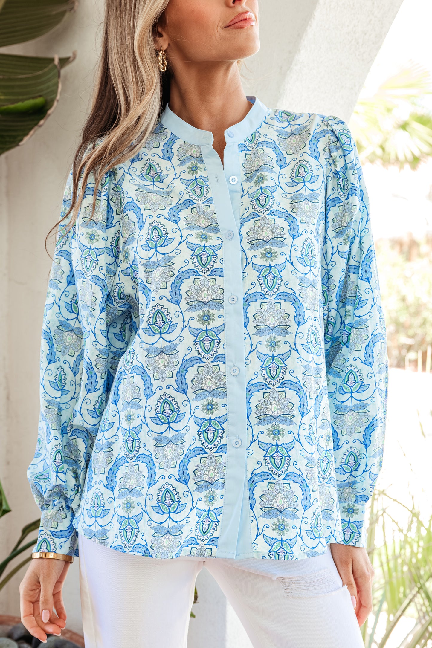 Sky Blue Paisley Print Puff Sleeve Loose Shirt-Tops/Blouses & Shirts-[Adult]-[Female]-2022 Online Blue Zone Planet