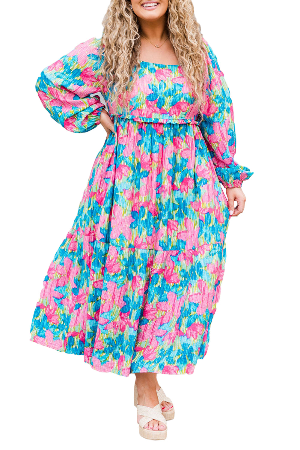 Sky Blue Floral Allover Print Square Neck Plus Size Maxi Dress-Plus Size Dresses-[Adult]-[Female]-2022 Online Blue Zone Planet