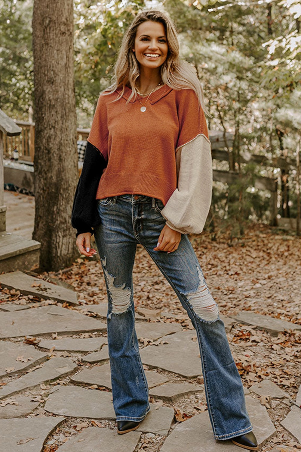 Desert Gold Colorblock Raw Edge Bubble Sleeve V Neck Sweater-Sweaters & Cardigans/Sweaters-[Adult]-[Female]-2022 Online Blue Zone Planet