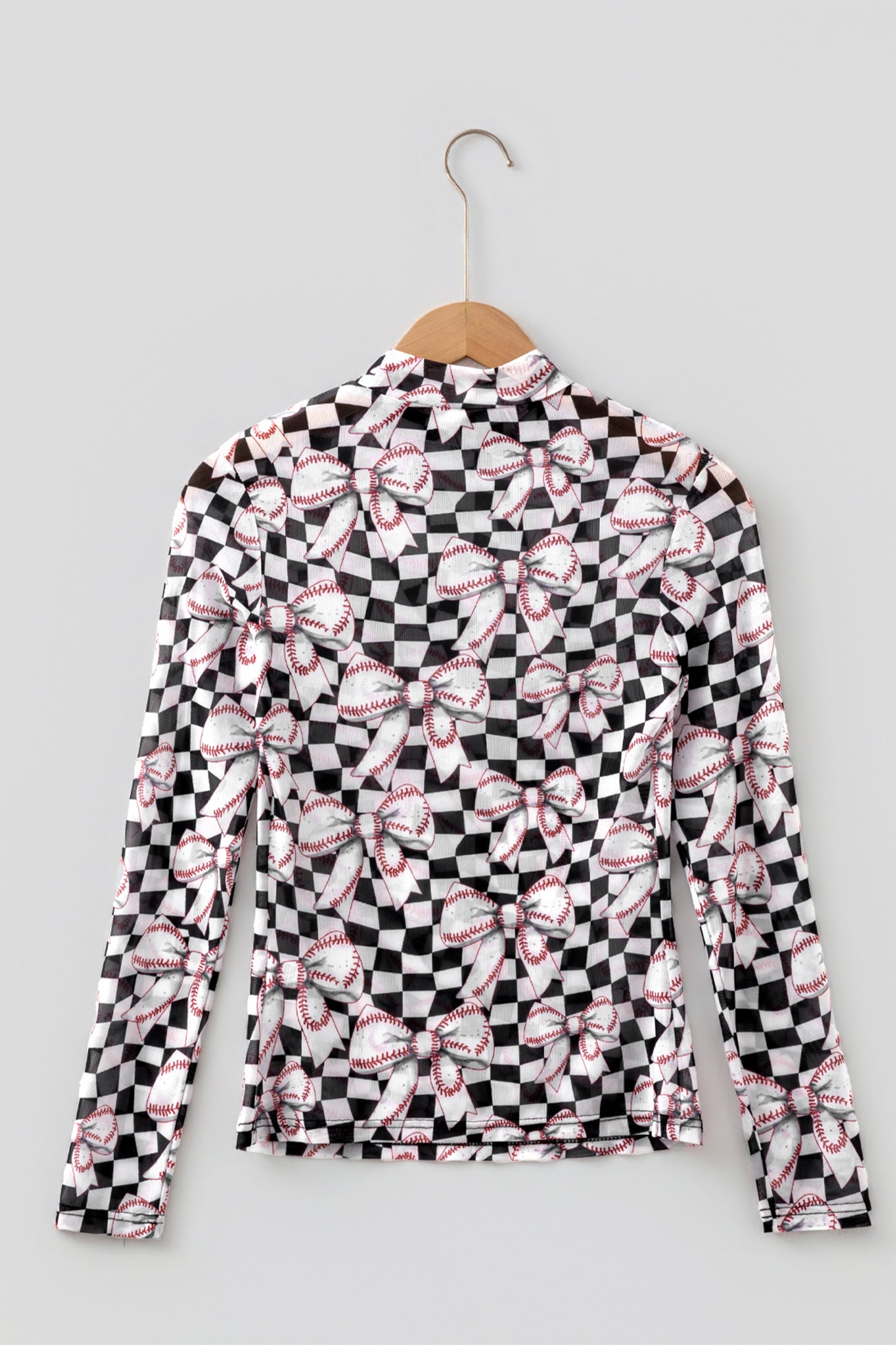 Black High Neck Plaid Baseball Bow Long Sleeve Pullover Tops-Tops/Long Sleeve Tops-[Adult]-[Female]-2022 Online Blue Zone Planet