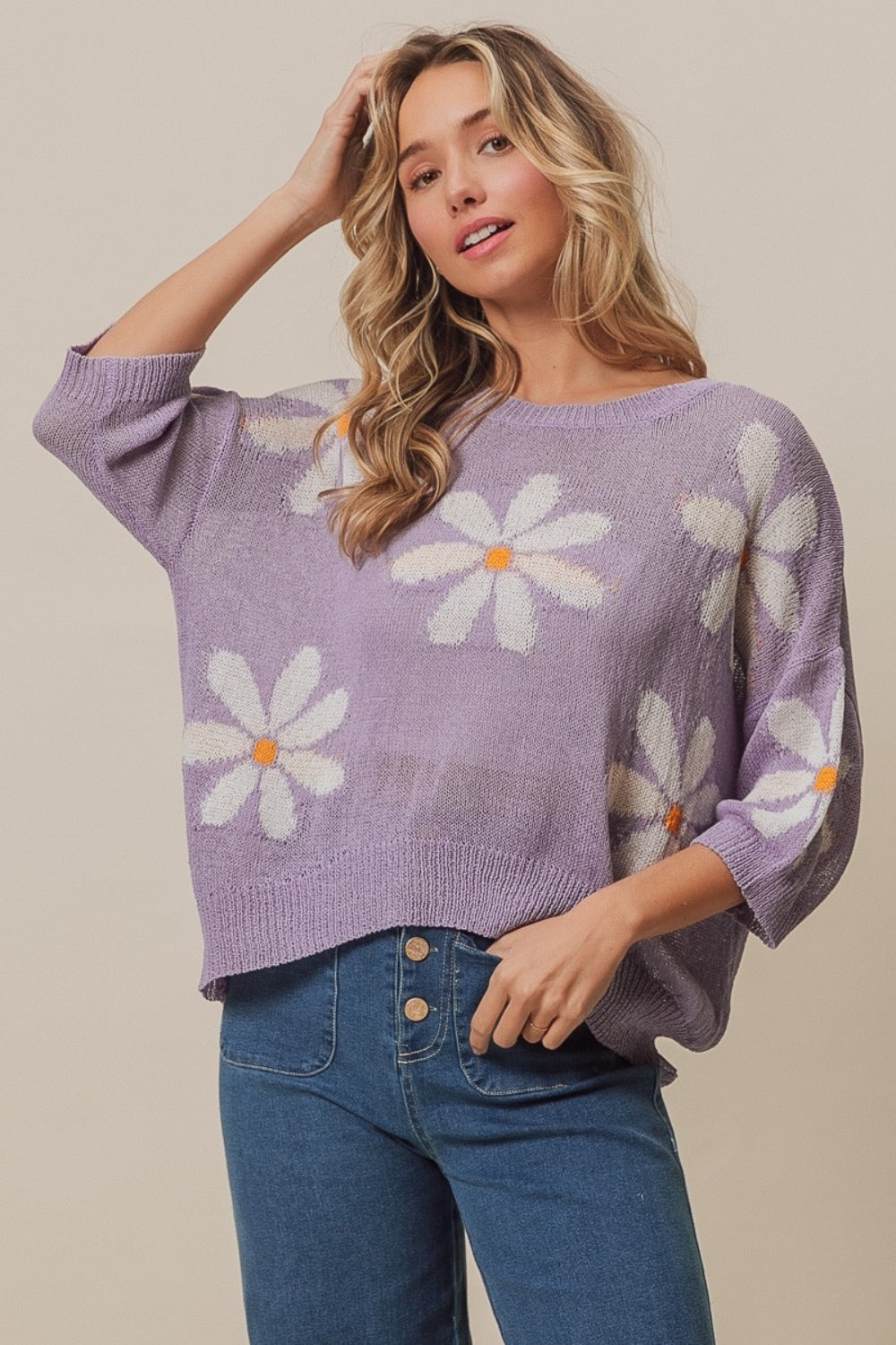 BiBi Floral Pattern Slit Sweater-TOPS / DRESSES-[Adult]-[Female]-Lavender/Ivory-S-2022 Online Blue Zone Planet