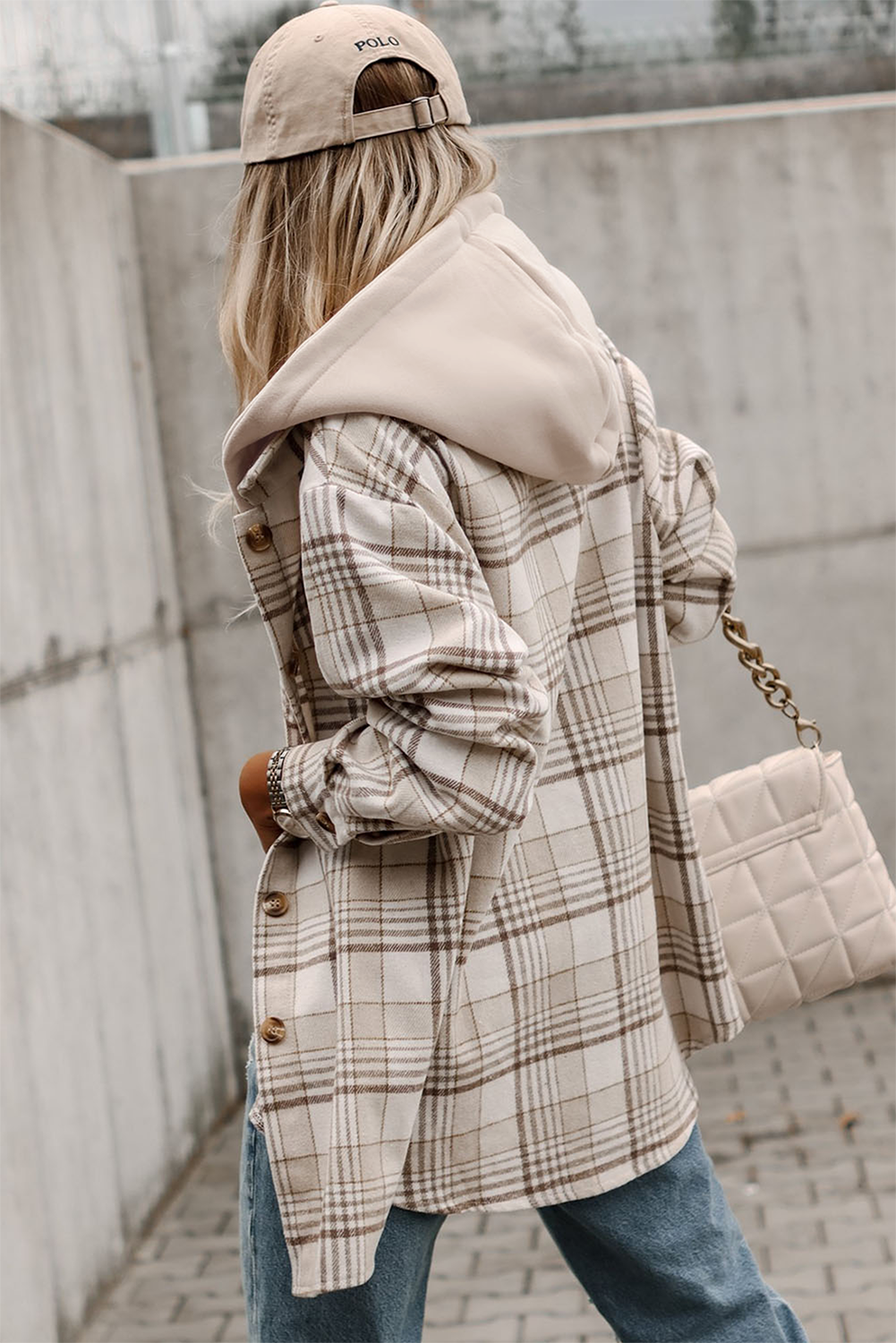 Khaki Plaid Removable Hood Buttoned Shacket-Outerwear/Plaid Shackets-[Adult]-[Female]-2022 Online Blue Zone Planet