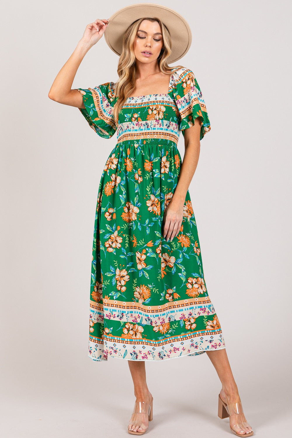 SAGE + FIG Printed Smocked Short Sleeve Midi Dress-TOPS / DRESSES-[Adult]-[Female]-GREEN-S-2022 Online Blue Zone Planet