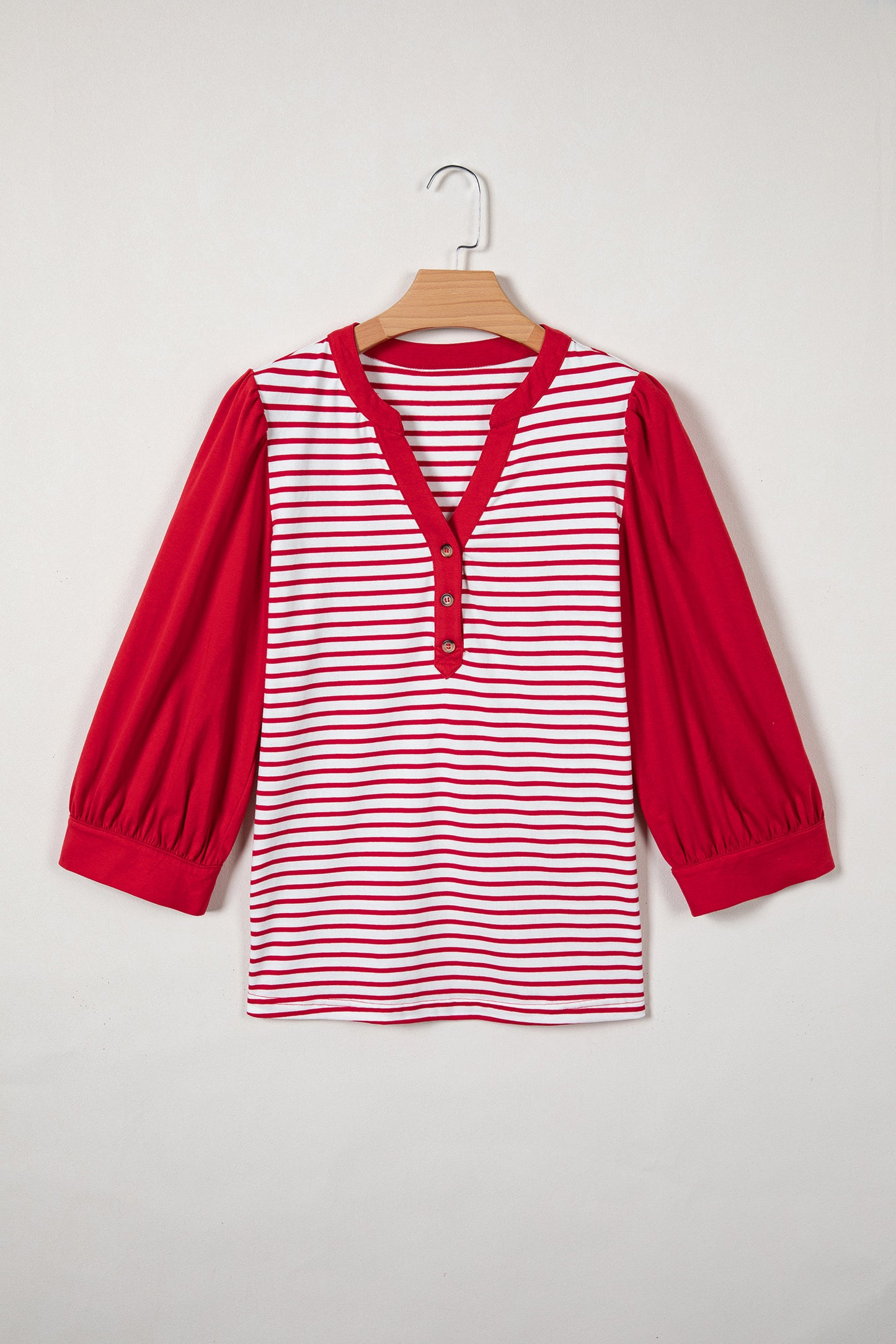Red Stripe Half Placket V Neck Contrast 3/4 Sleeve Patchwork Top-Tops/Long Sleeve Tops-[Adult]-[Female]-2022 Online Blue Zone Planet