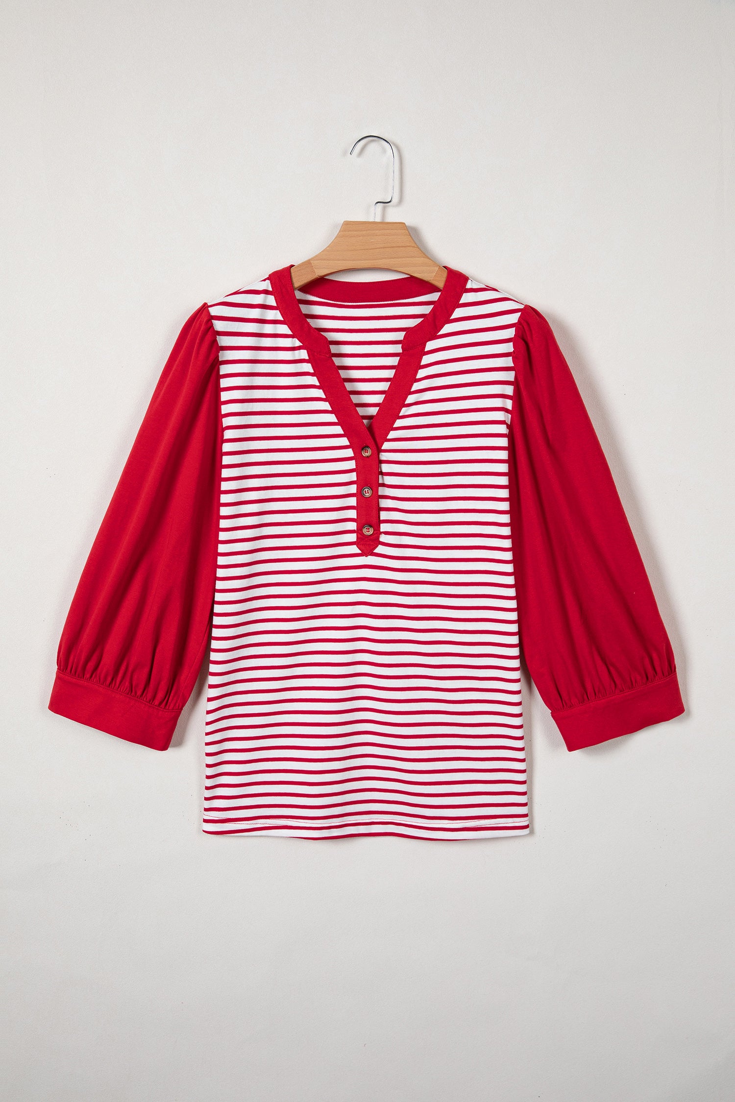 Red Stripe Half Placket V Neck Contrast 3/4 Sleeve Patchwork Top-Tops/Long Sleeve Tops-[Adult]-[Female]-2022 Online Blue Zone Planet