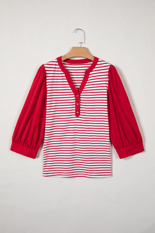 Red Stripe Half Placket V Neck Contrast 3/4 Sleeve Patchwork Top-Tops/Long Sleeve Tops-[Adult]-[Female]-2022 Online Blue Zone Planet