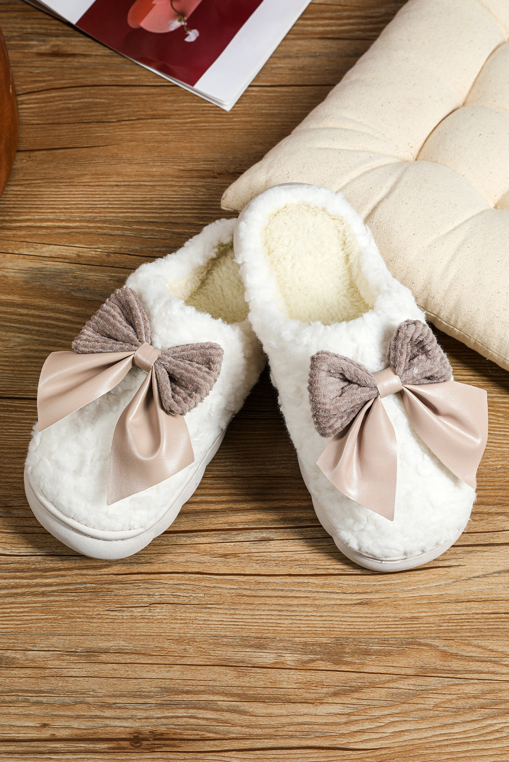 Blue Zone Planet | Pink Contrast Bowknot Applique Plush Winter Slippers-SHOES-[Adult]-[Female]-2022 Online Blue Zone Planet