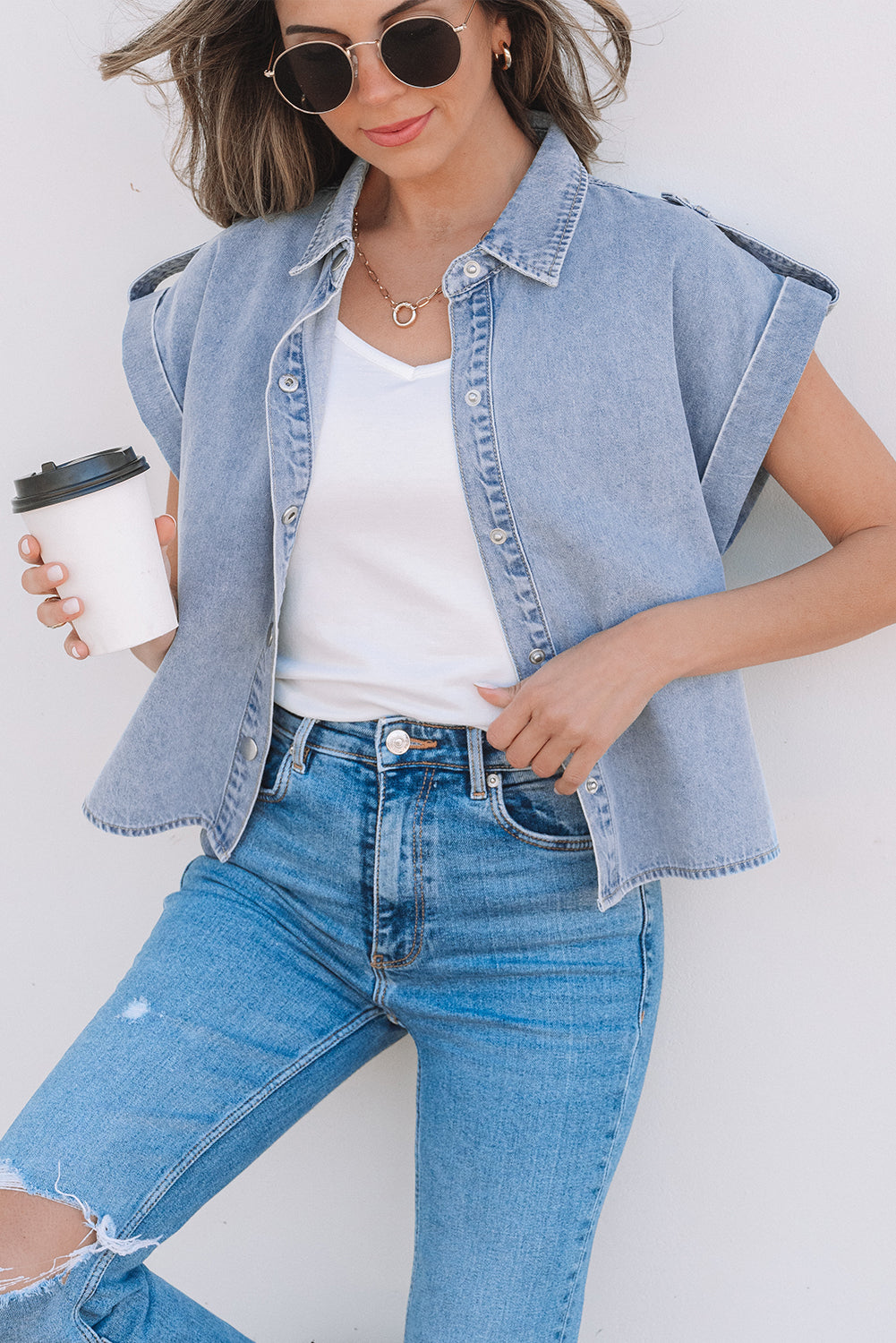Dusk Blue Denim Pinup Folded Cap Sleeve Shirt-Tops/Blouses & Shirts-[Adult]-[Female]-2022 Online Blue Zone Planet