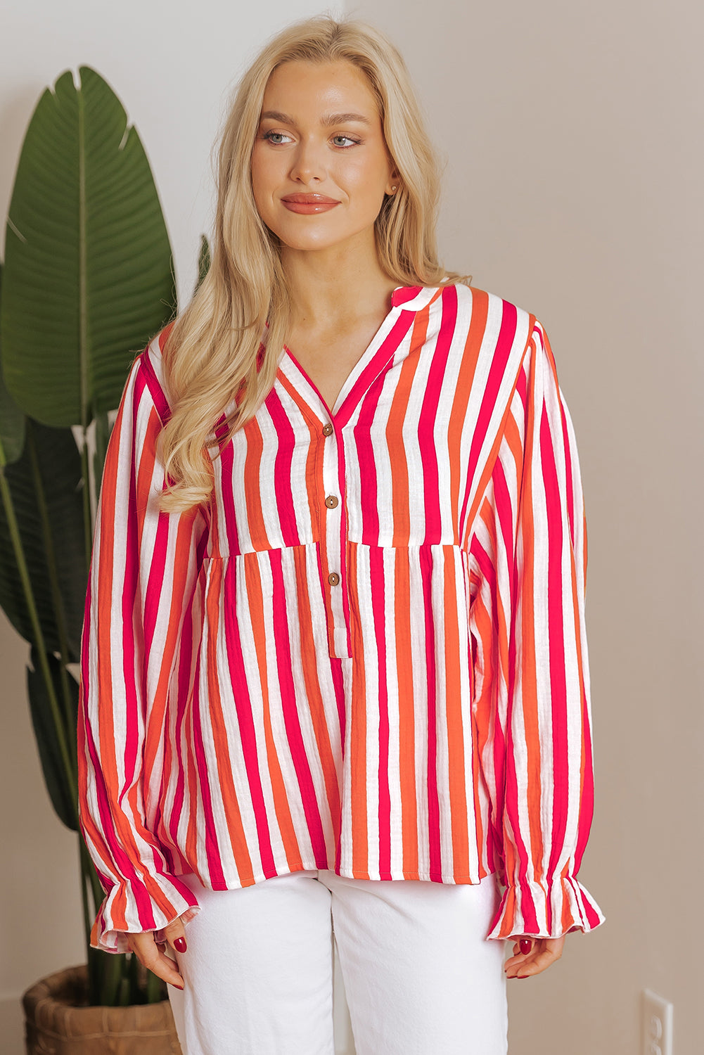 Blue Zone Planet | Orange Stripe Balloon Sleeve Notched V Neck Buttoned Front Blouse-Tops/Blouses & Shirts-[Adult]-[Female]-2022 Online Blue Zone Planet